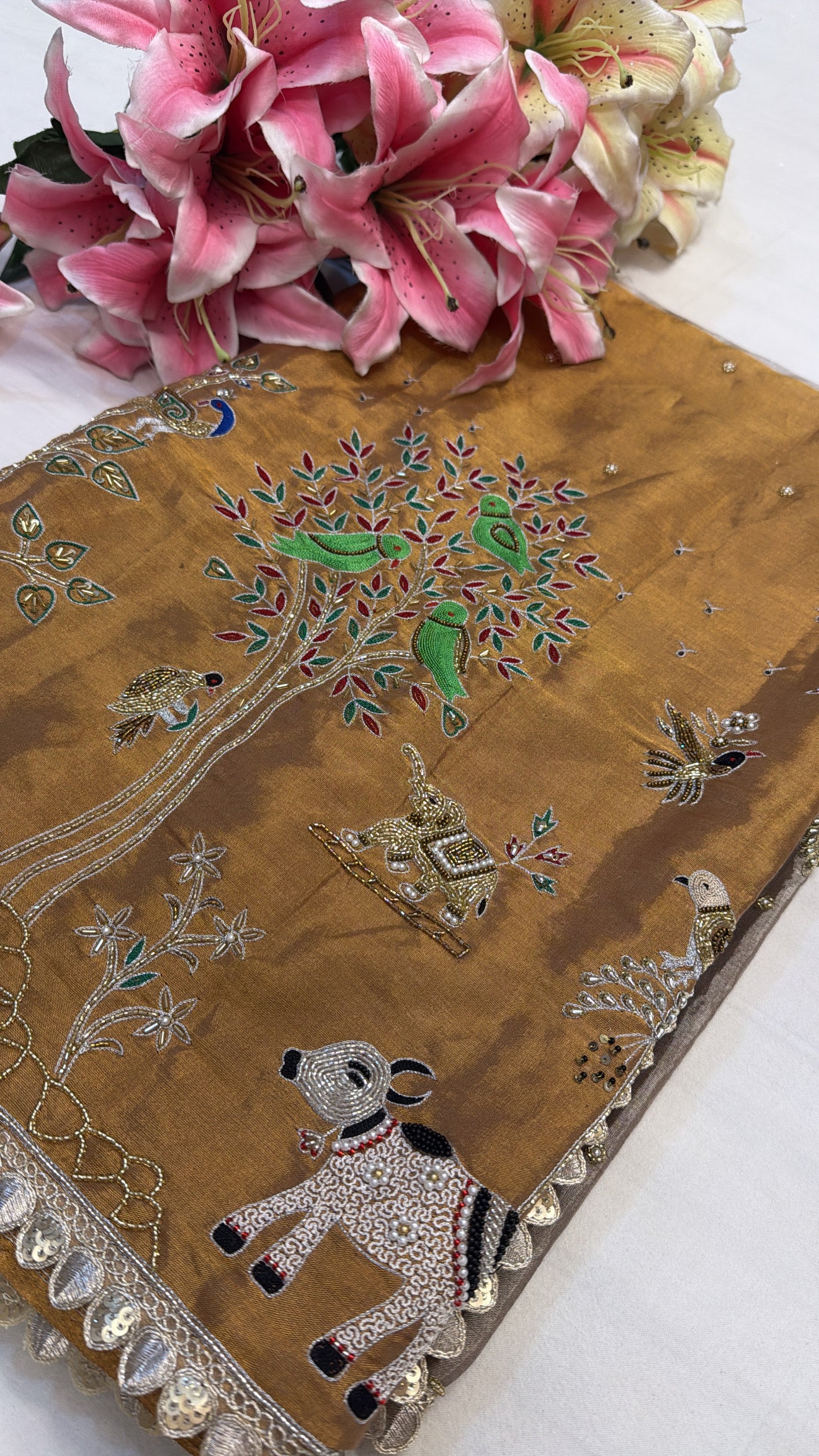 Sona rupa weaving husn tissue silk shikargah hand embroidered kadhwa saree