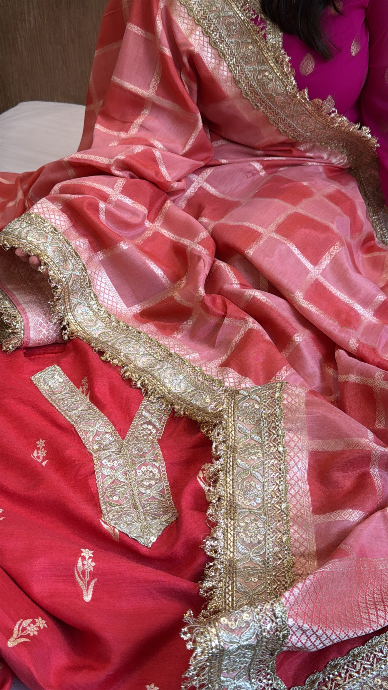 Cherry red rangkaat dye chaukadi weaving silk kadhwa suit set