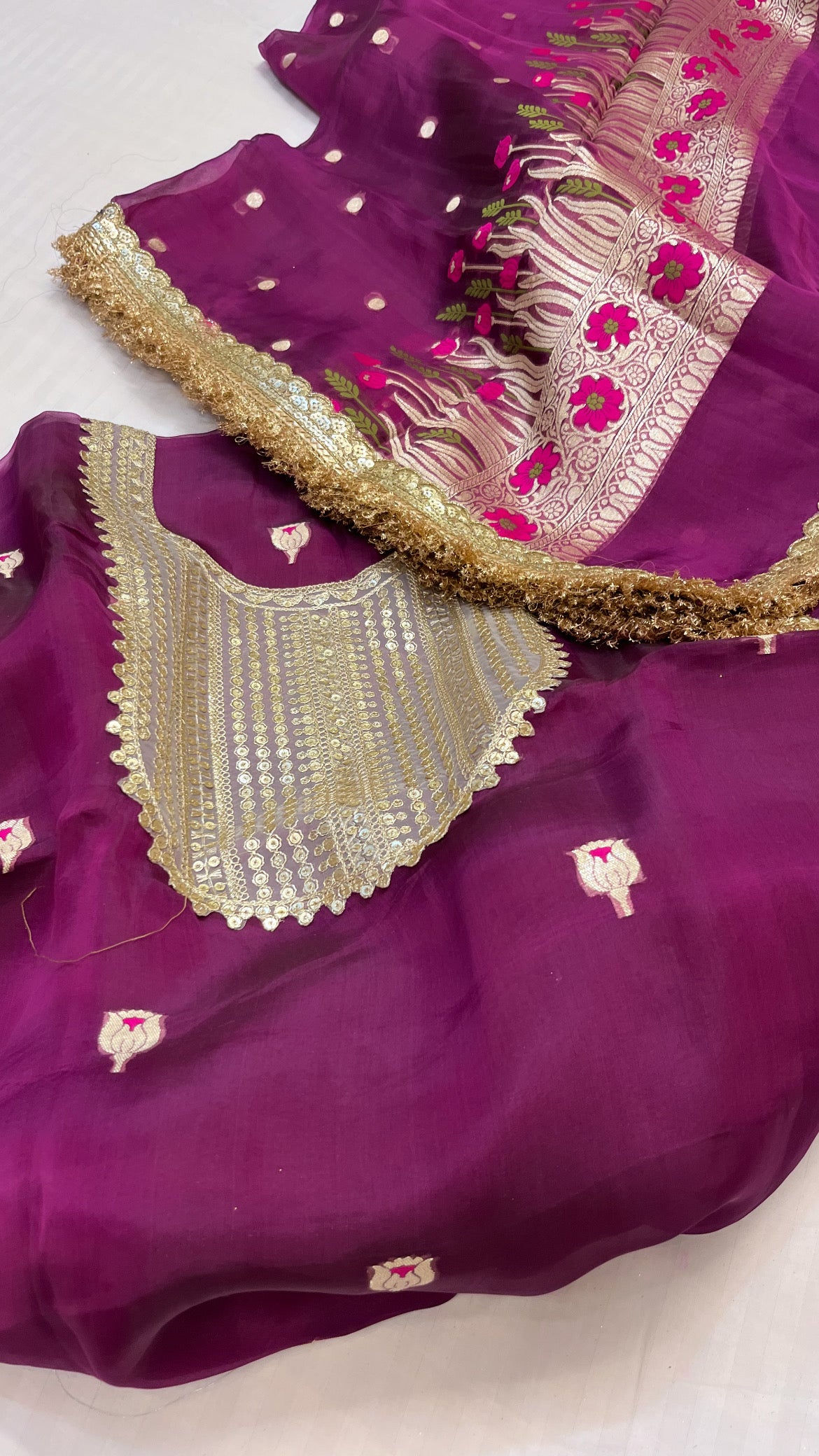 Heeramandi magenta purple tissue silk meenakari suit set