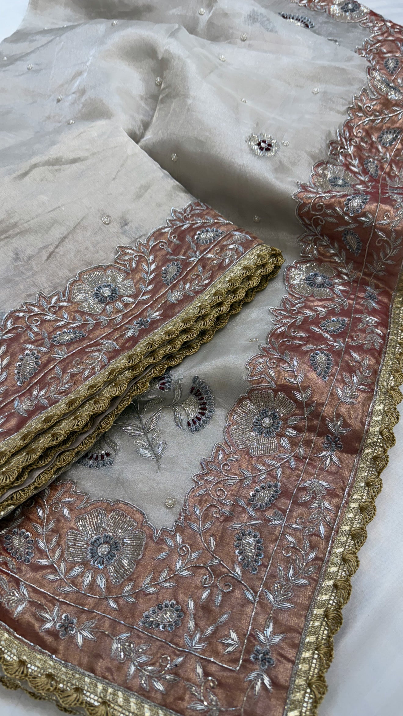 Banarasi heavy zardozi border husn tissue silk hand embroidered saree