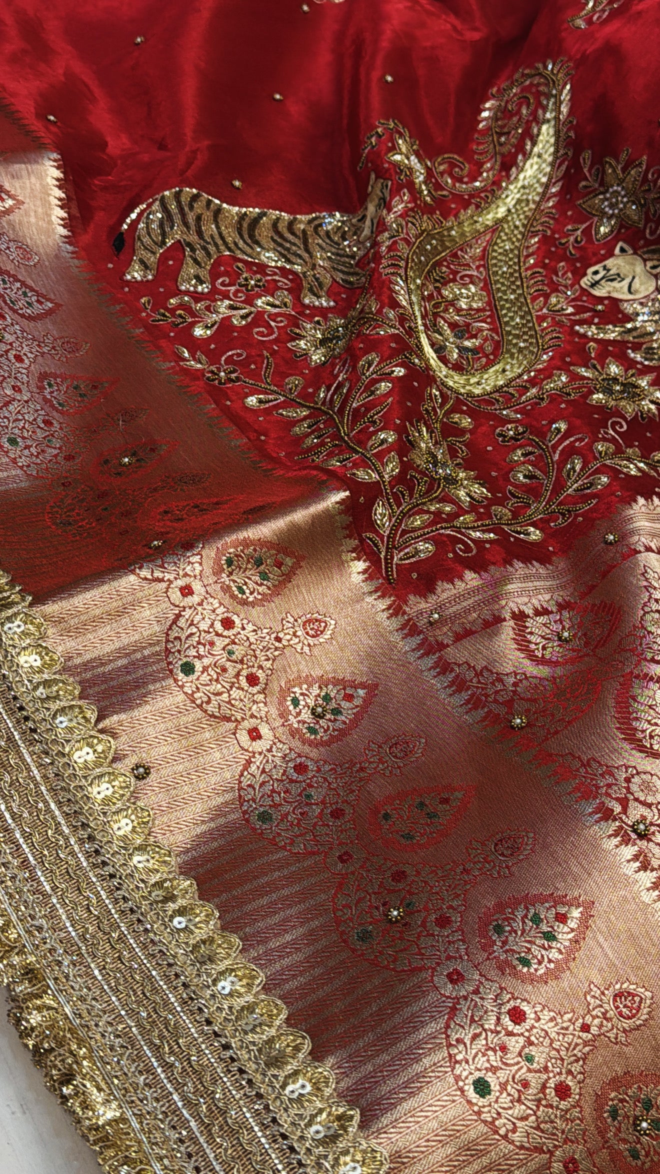 Red special - Husn hot red tissue silk tiger motif hand embroidered kadhwa saree