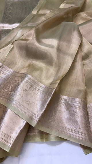 Pure banarasi lime green tissue silk handwoven kadhwa buti saree with kadhwa intricate border buti weaving