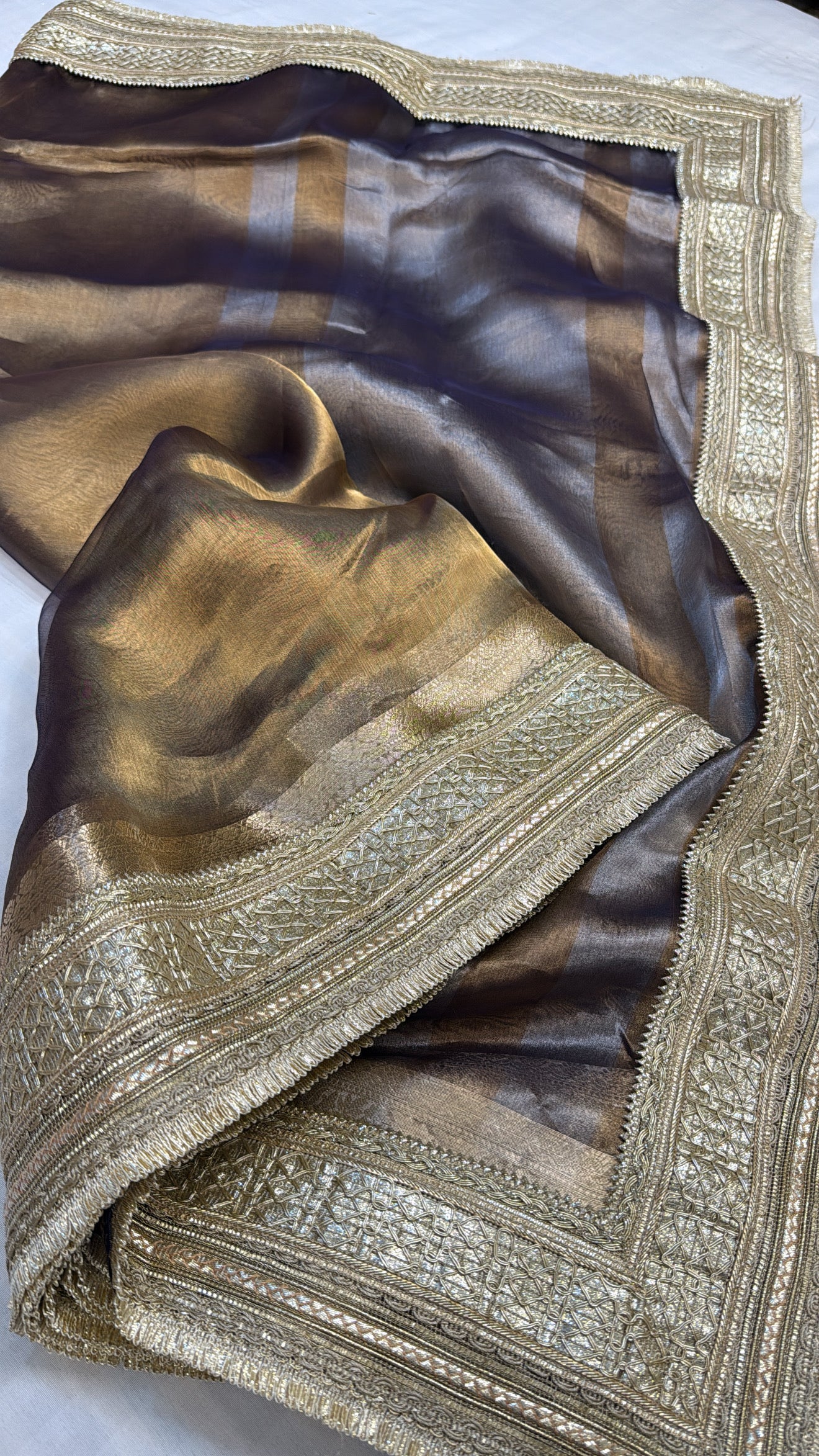 Maharani kanjivaram grey tissue silk kadhwa gotapatti saree