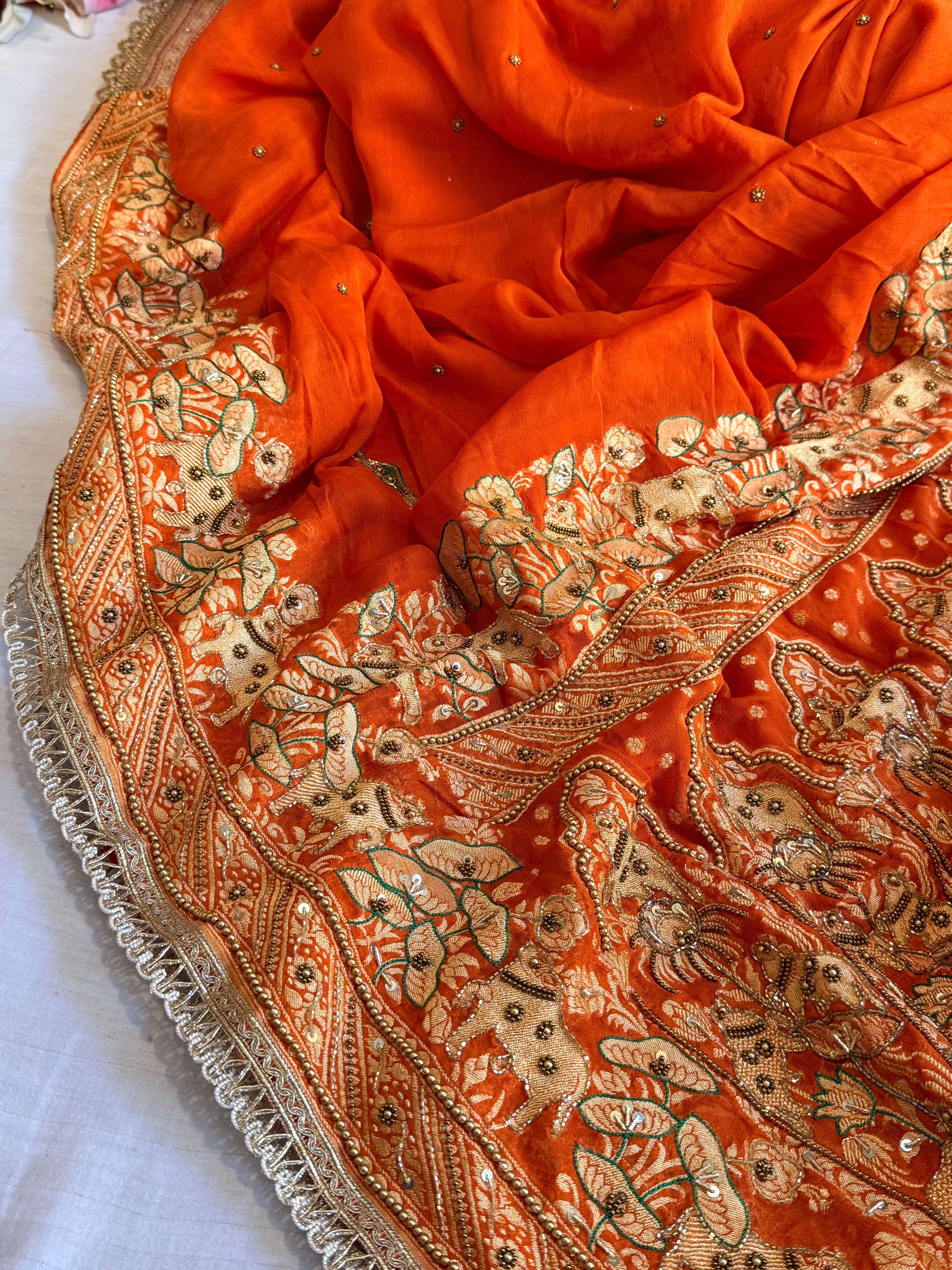 Banarasi fanta orange chiffon gorgette hand embroidered kadhwa saree