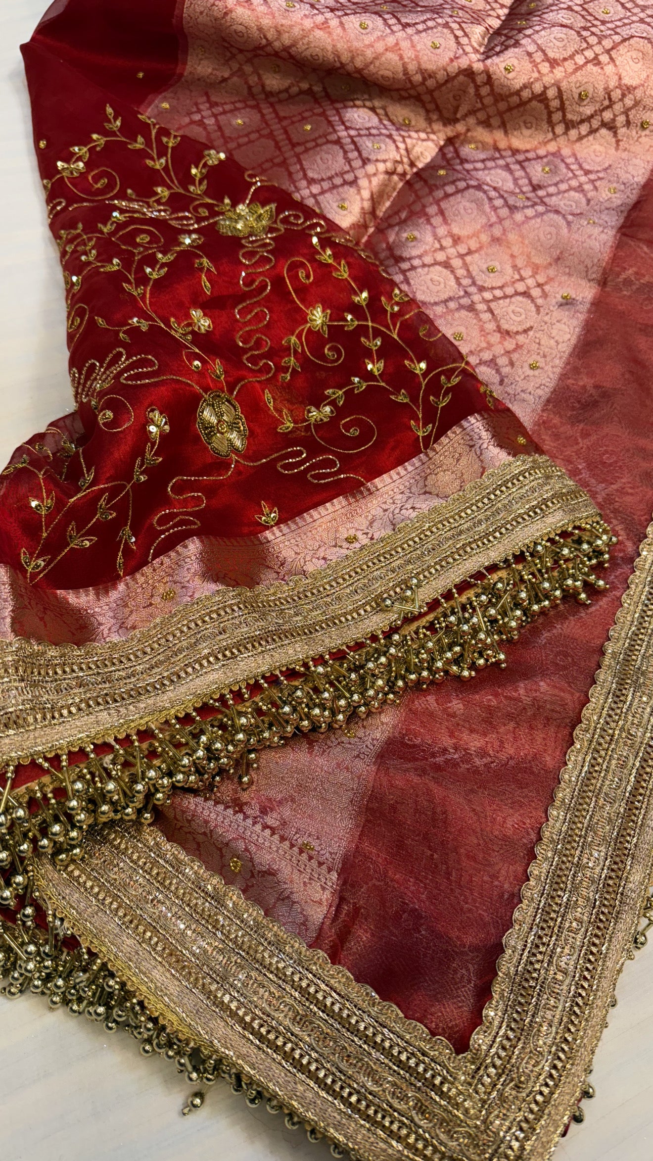 Trousseau edit — Hot blood red husn tissue silk hand embroidered saree