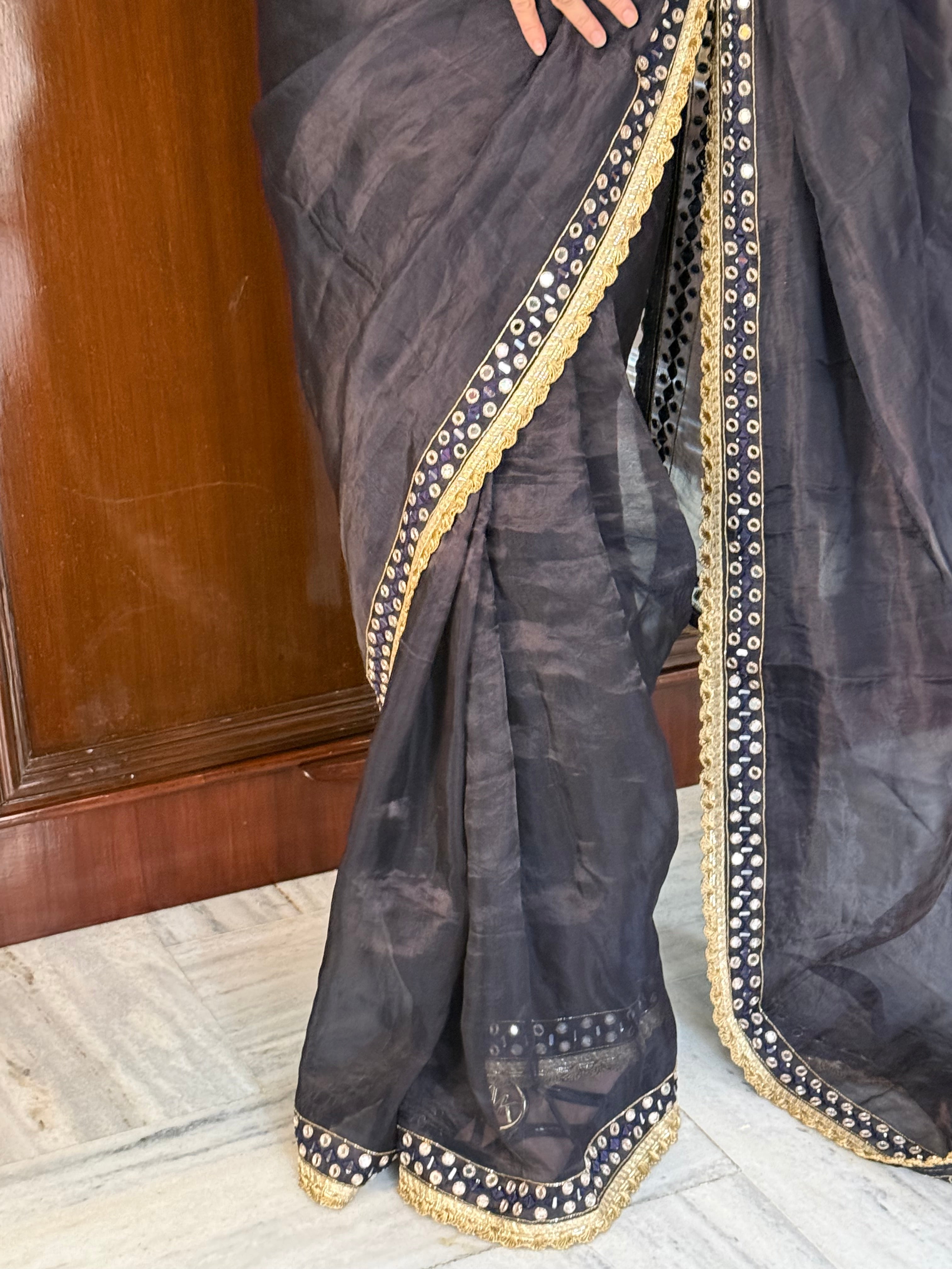 Mirror work midnight blue tissue silk hand embroidered kadhwa saree