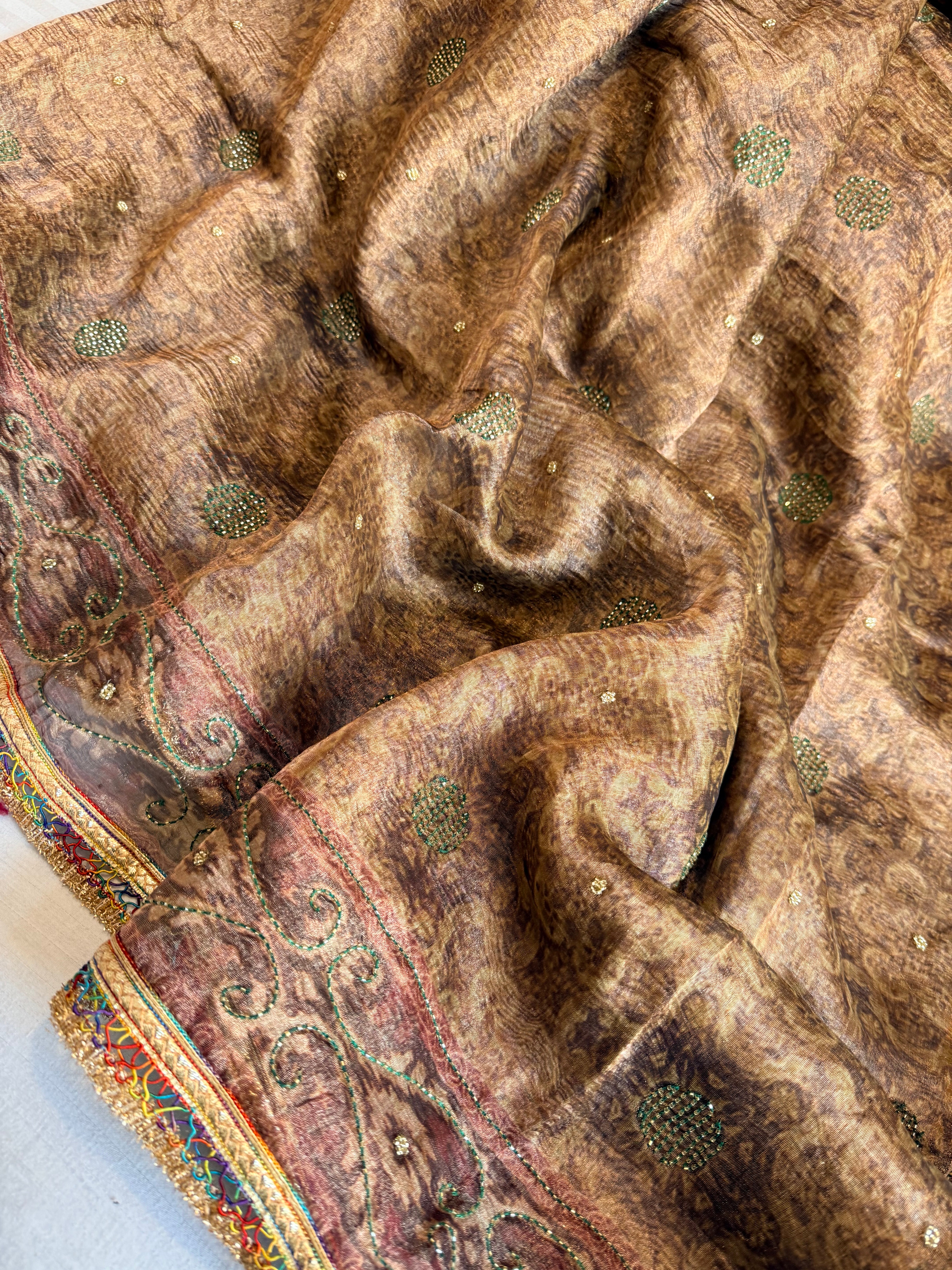 Printed tissue silk hand embroidered kadhwa gotapatti saree