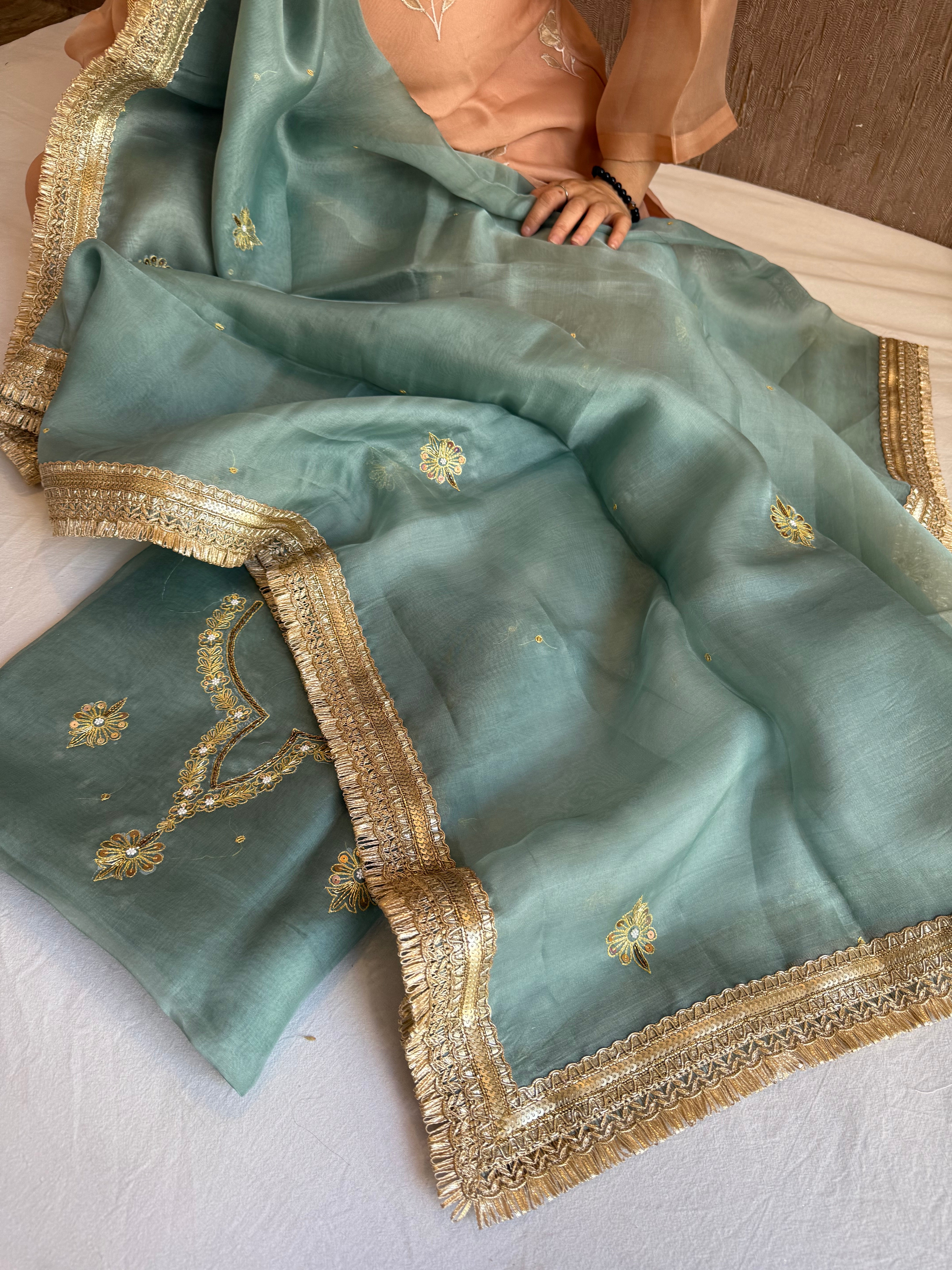 Aari and tilli hand embroidered kora silk teal blue kadhwa suit set