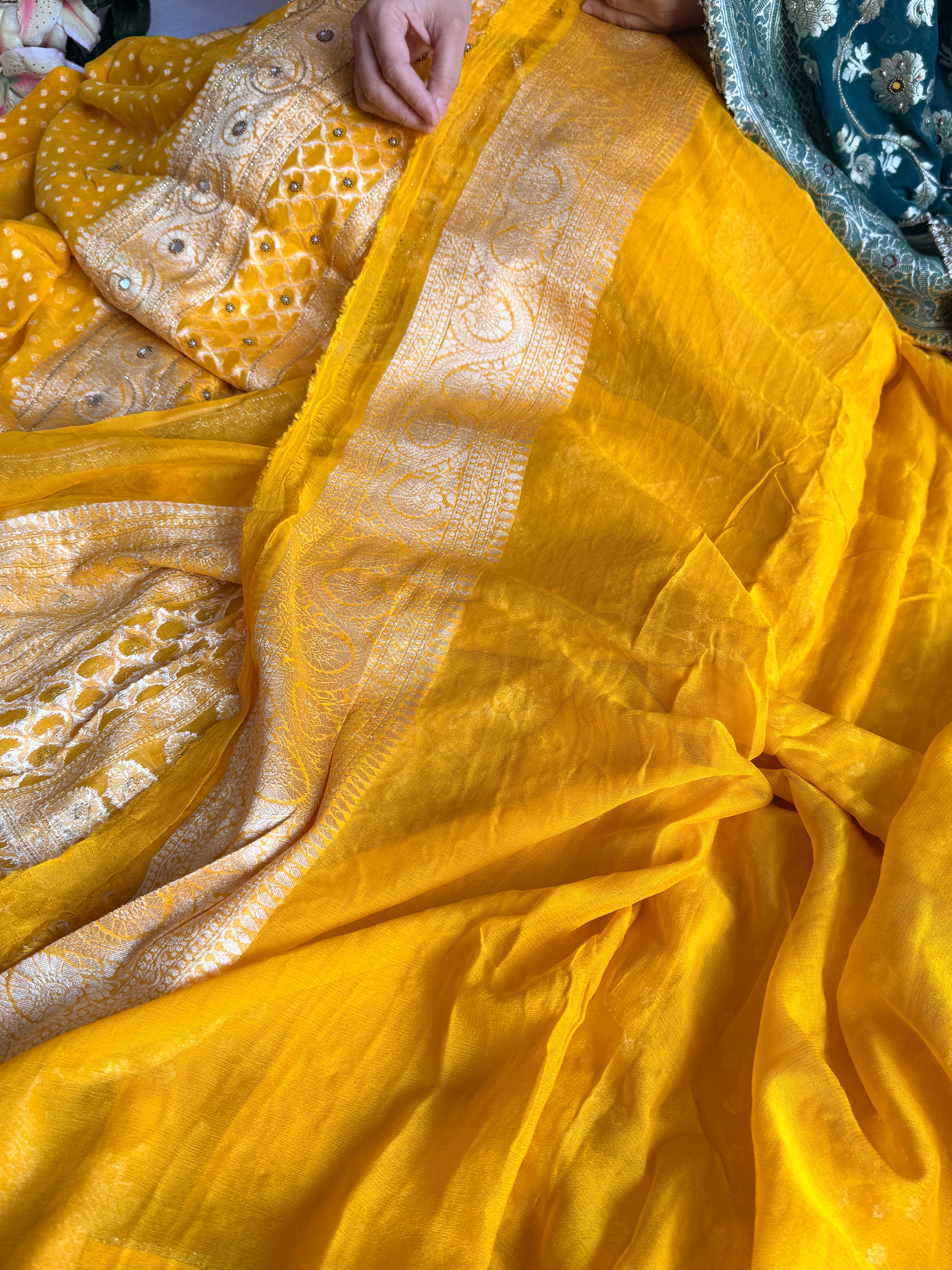 Banarasi chiffon gorgette kadhwa weaving hand embroidered saree