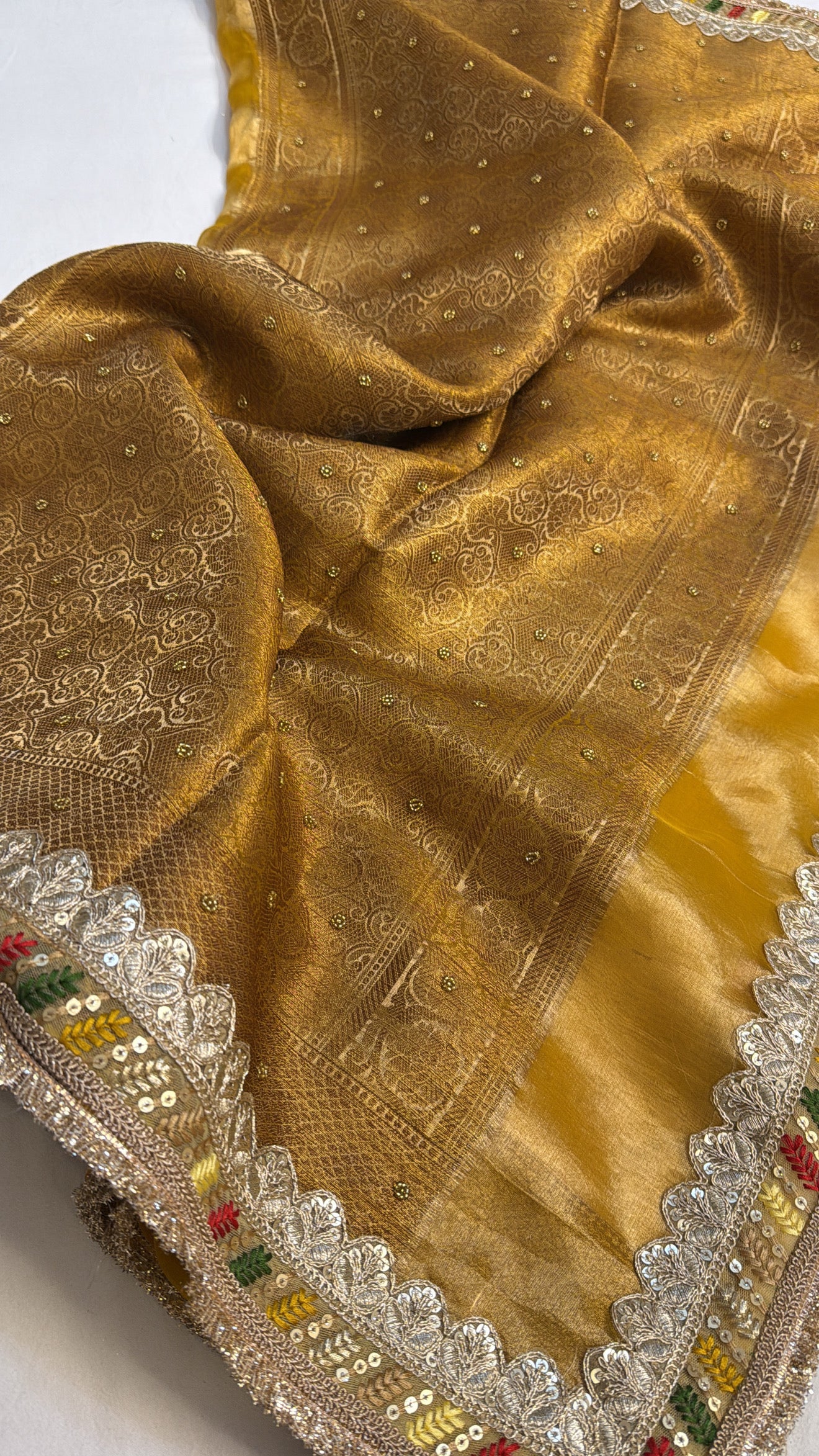 Maharani antique golden yellow zari tissue silk hand embroidered kadhwa saree