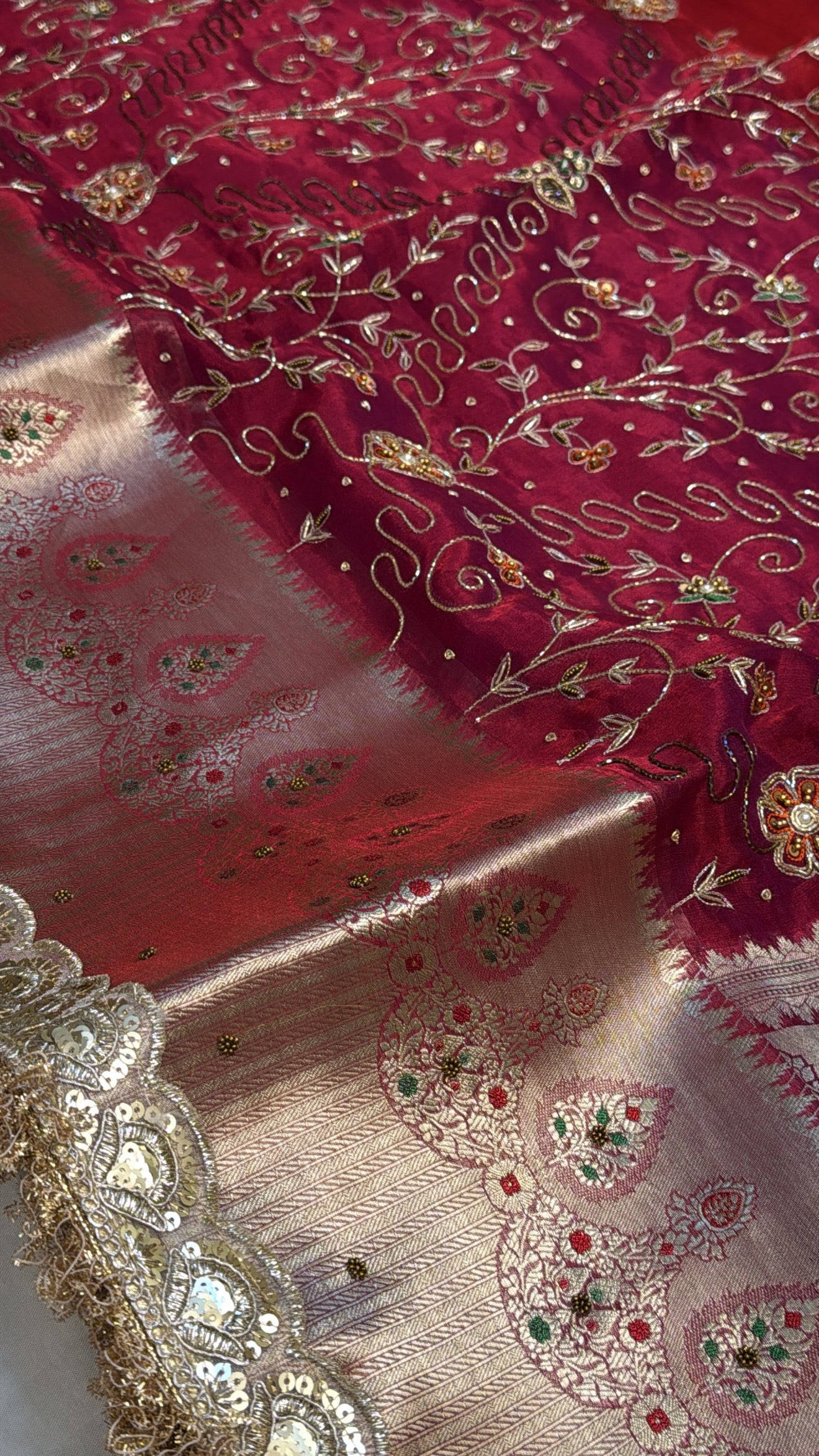 Metallic blood red tissue silk hand embroidered kadhwa weaving saree