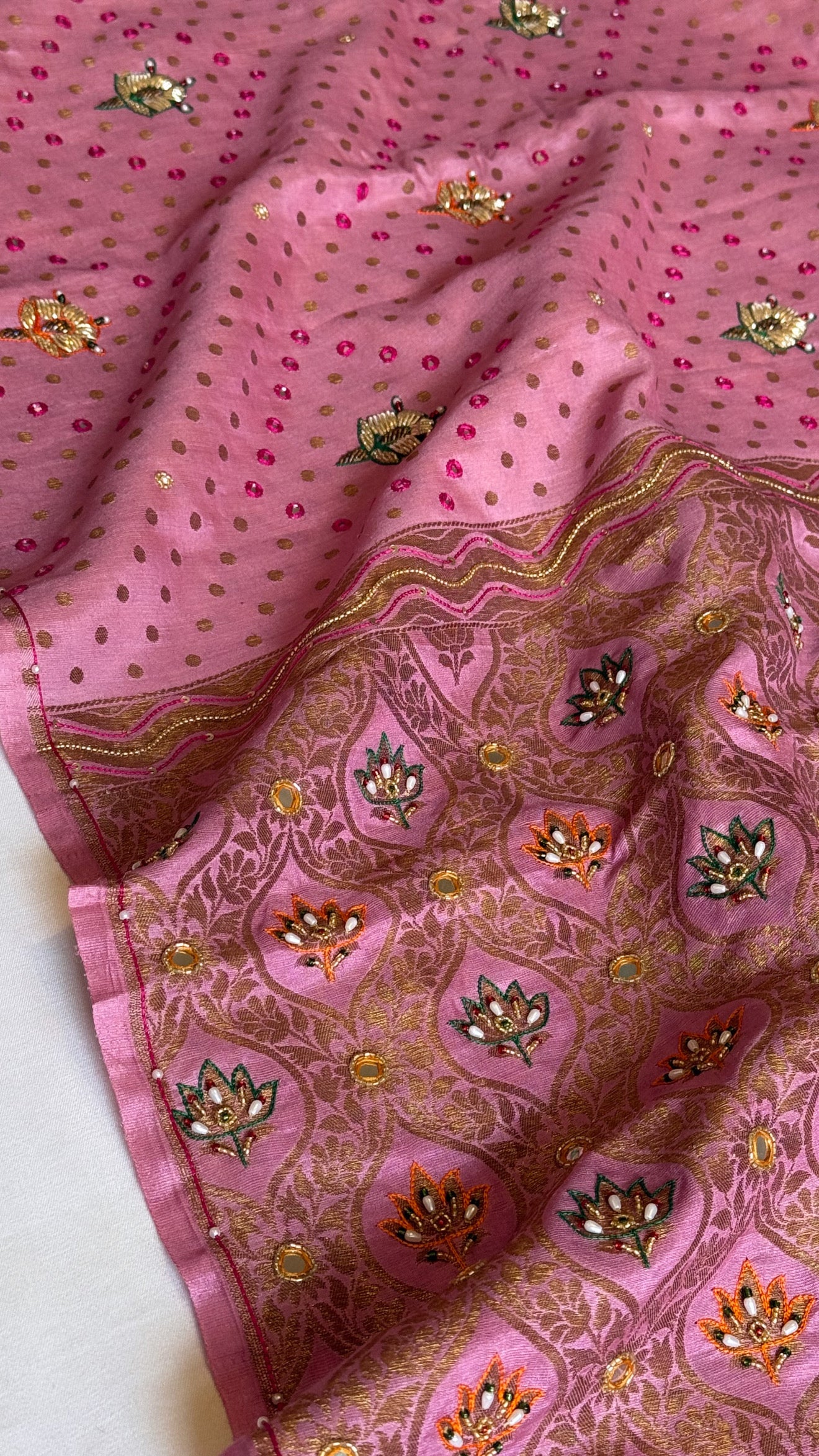 Strawberry pink moonga tussar antique zari hand embroidered kadhwa saree