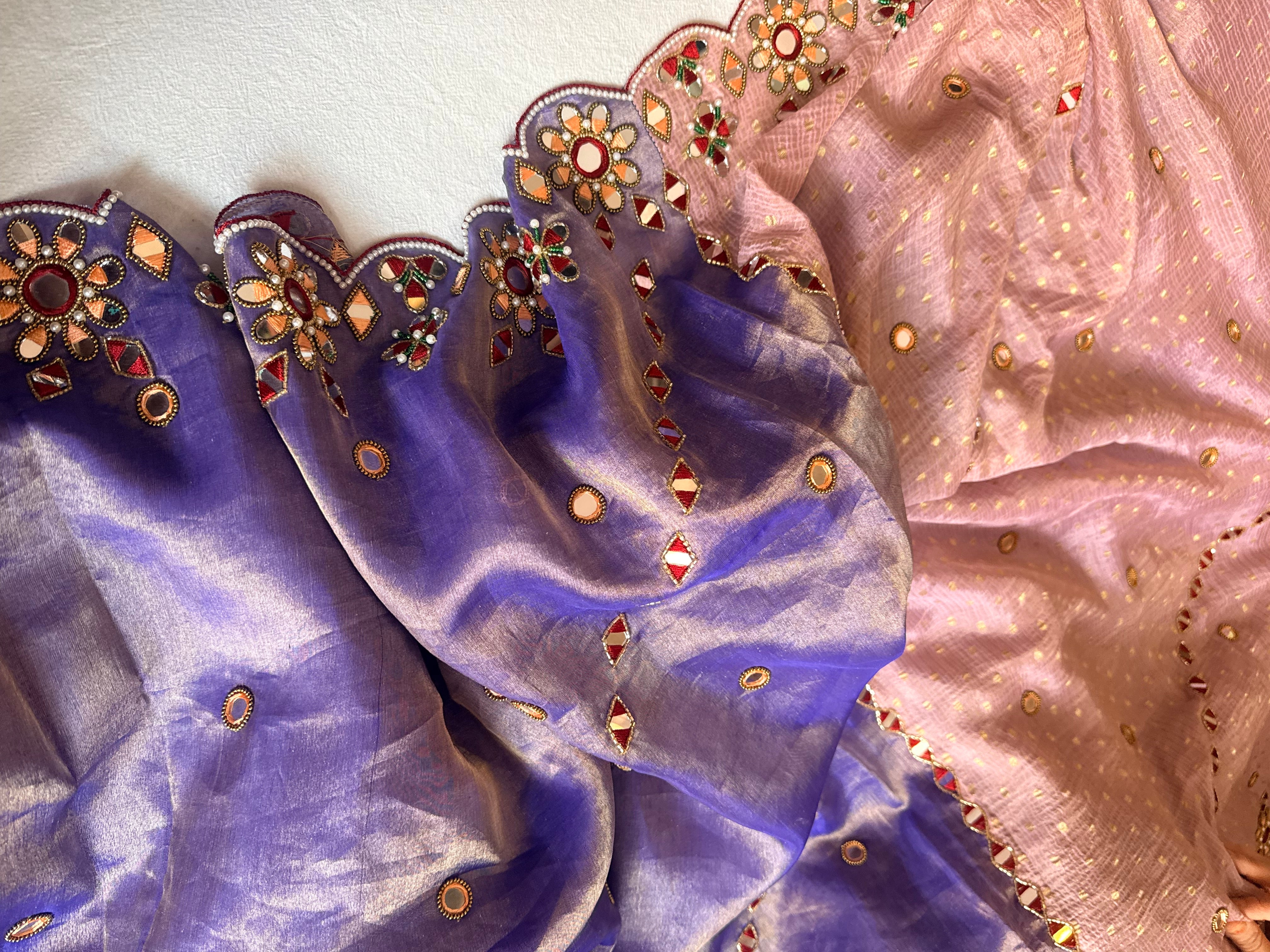 Tyohaar edit - Chiffon tissue gorgette mirrorwork half-half kafhwa buti saree