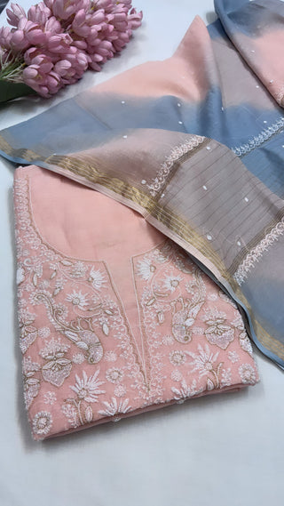 Pure Banarasi handloom premium cotton kadhwa lucknowi chikankari hand embroidered suit set with intricately hand embroidered motifs and ombre shaded duppata set