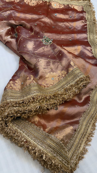 Cocktail wali saree - English peach tissue silk hand embroidered saree