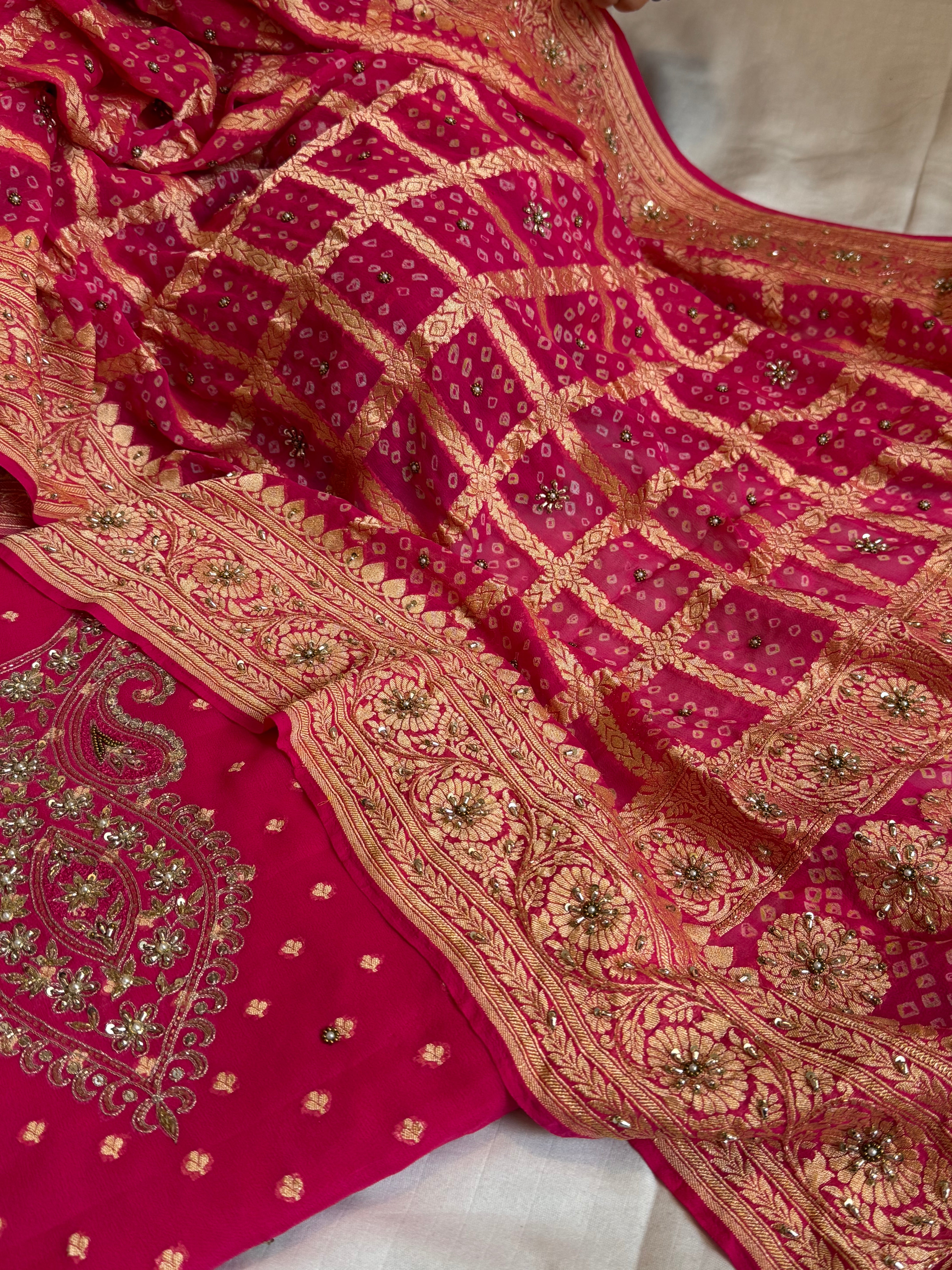 Hot fuschia pink rai bandhej Banarasi gorgette kadhwa hand embroidered suit set