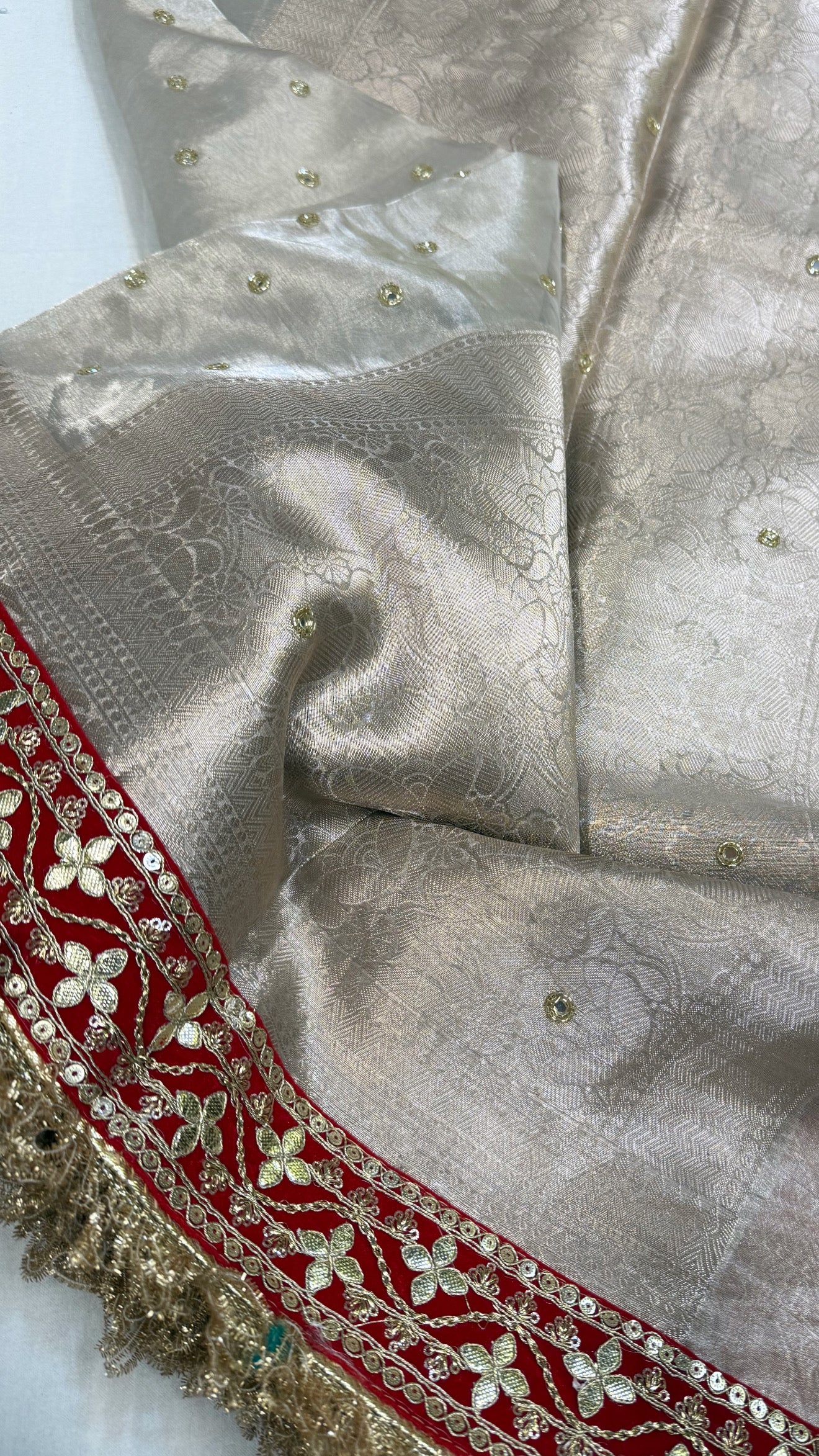 Diamond tissue silk chunri buti hand embroidered panetar saree