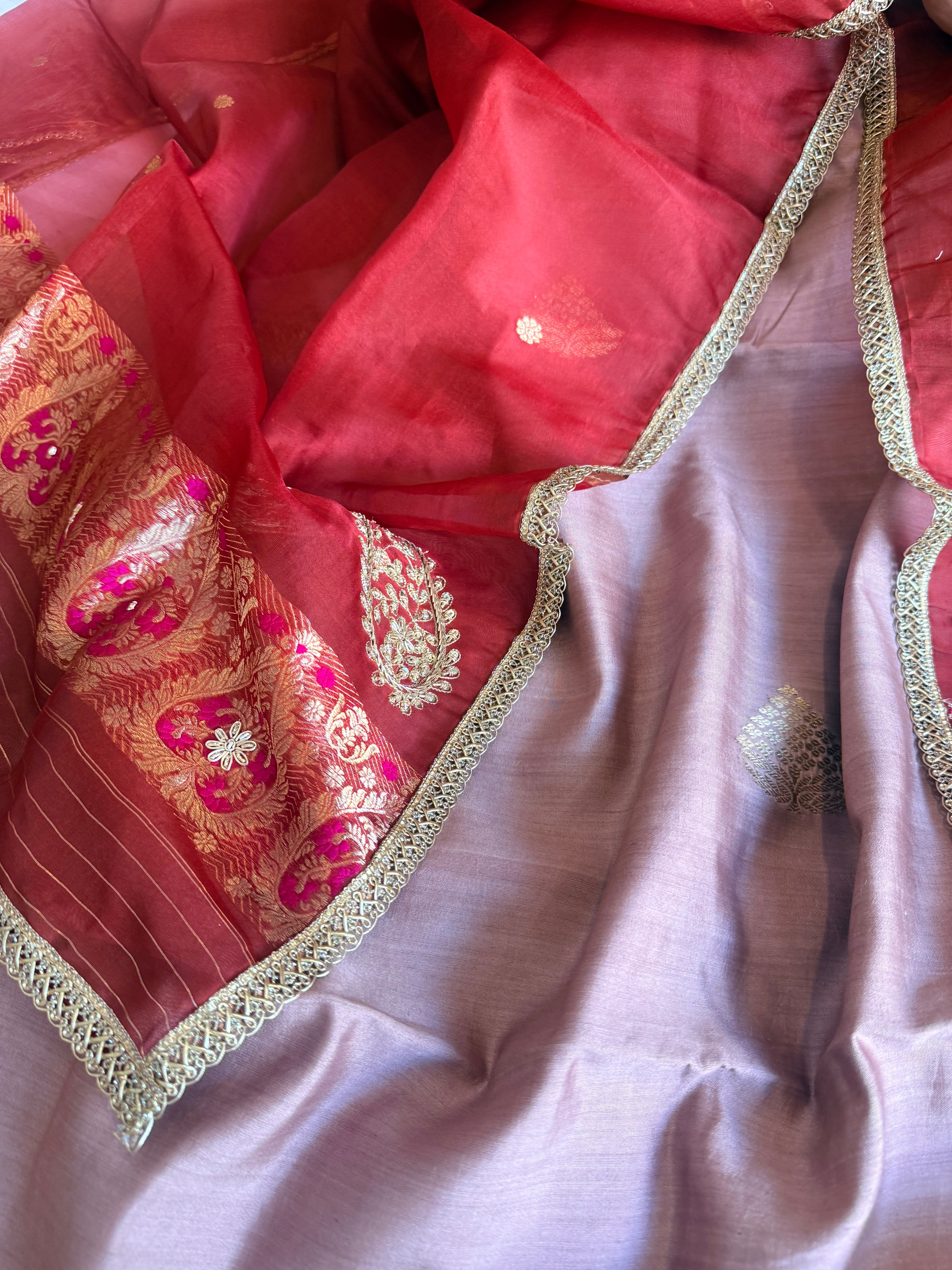Rose gold - red chiniya silk kadhwa buta kurta paired with kora silk red duppata