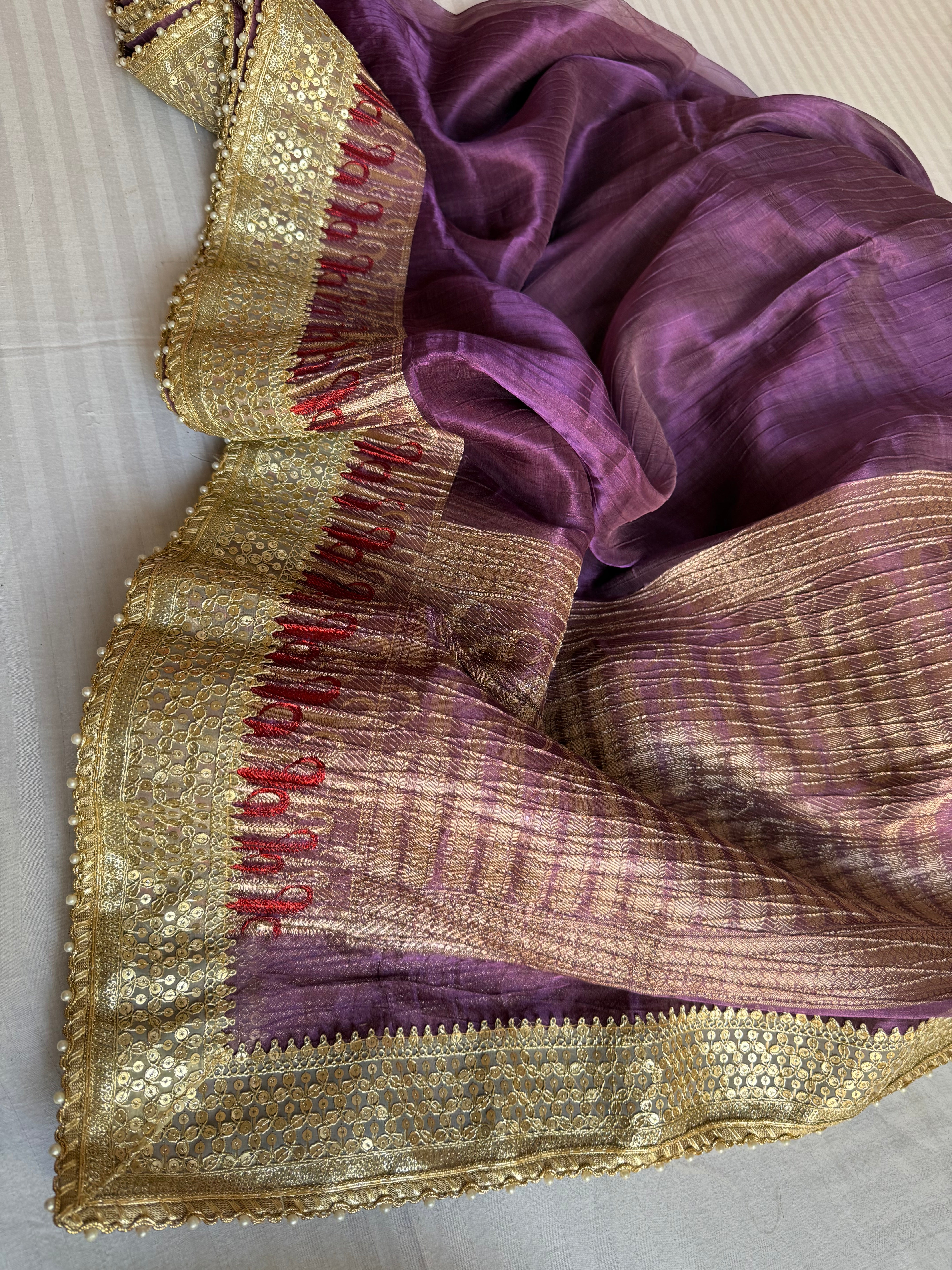 Midnight dhup chao purple pleated maharani tissue silk saree