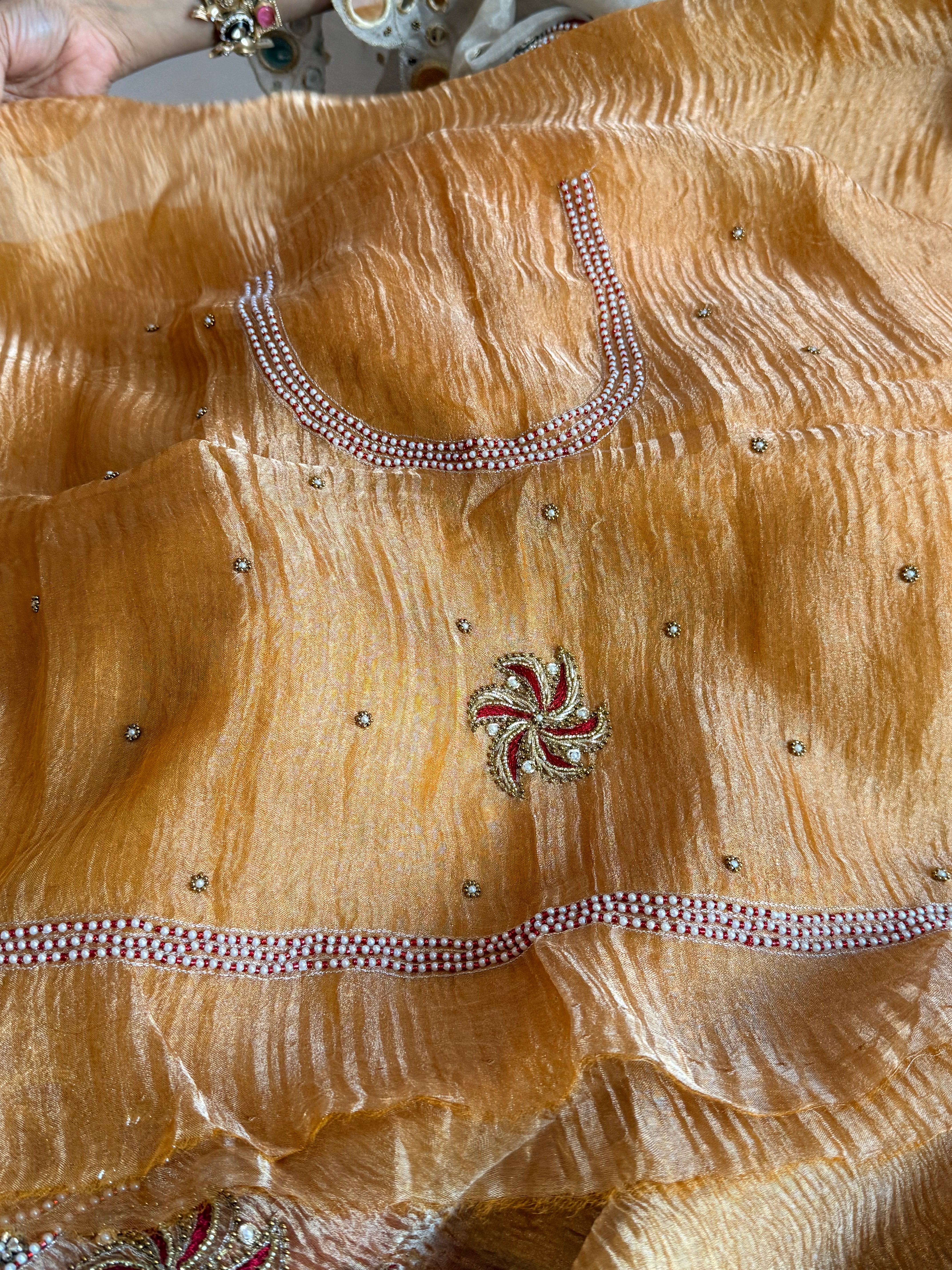 Rajkumari kesari yellow crushed tissue silk zardozi work hand embroidered saree