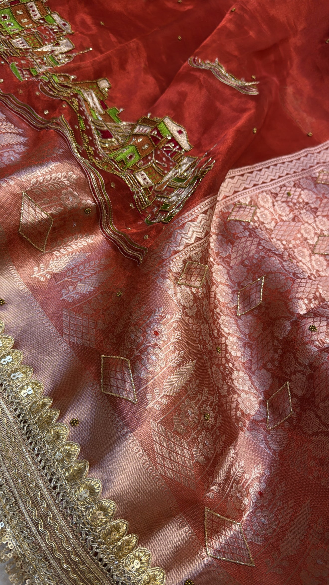 Bridal red banarasi ghat hand embroidered husn tissue silk saree