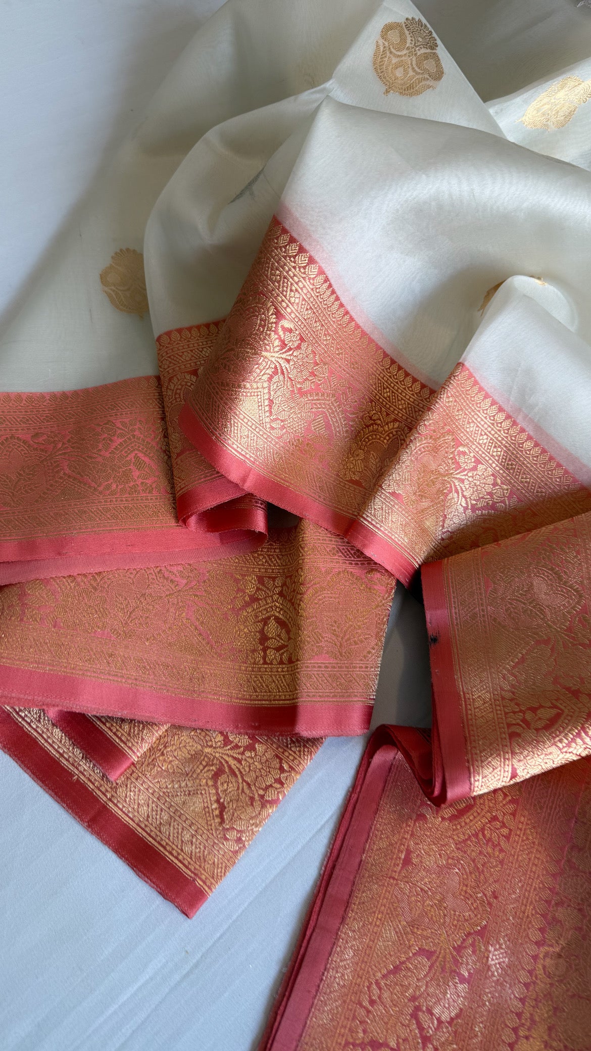 White-peach kora silk banarasi border kadhwa saree