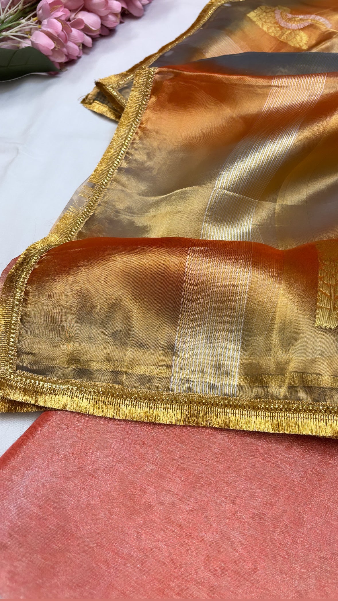 Pure banarasi tissue tanchoi suit set with multicolour shaded kadhwa handwoven duppata with gotapatti work