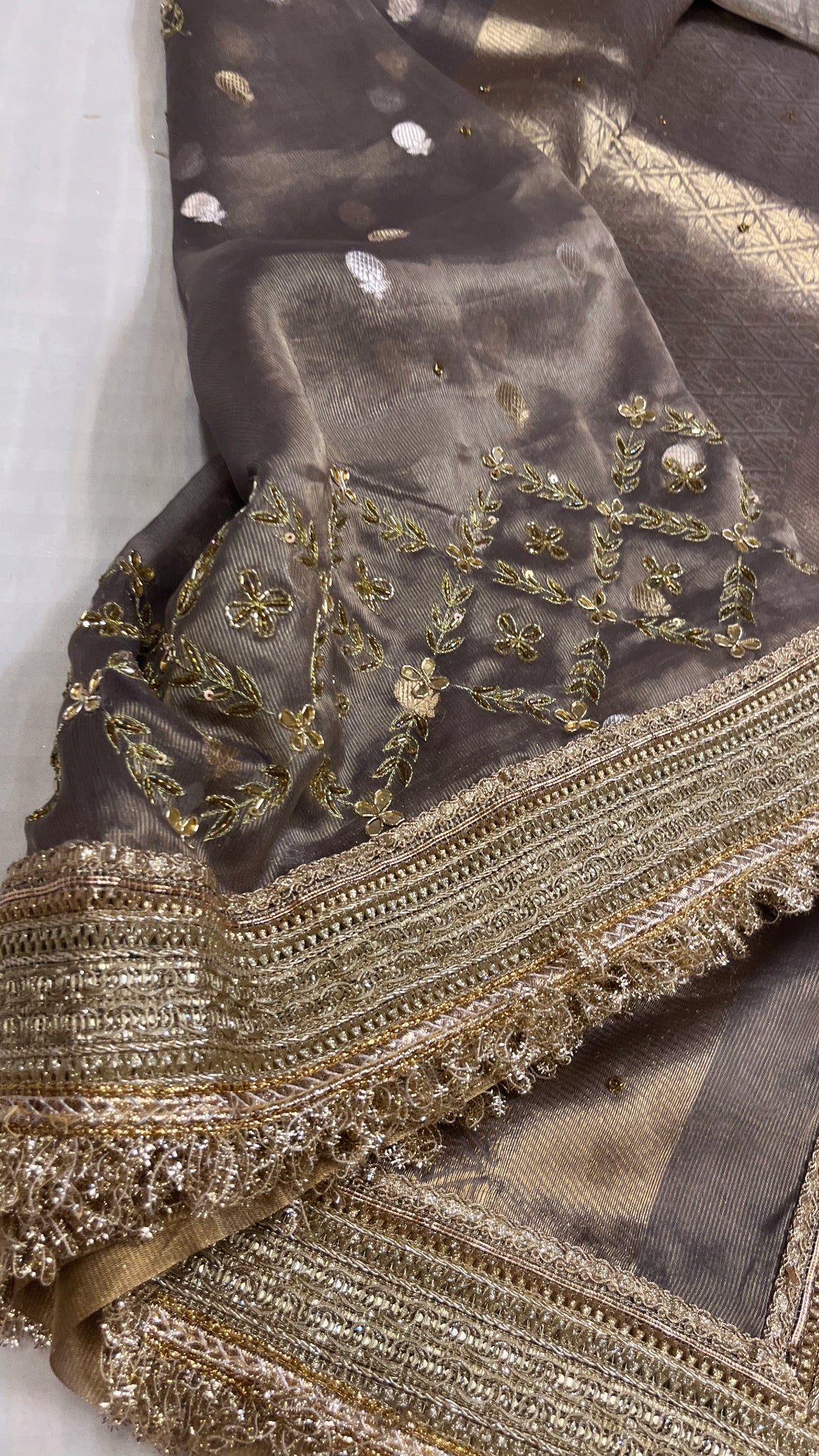 Husn chrome grey kota tissue silk hand embroidered saree