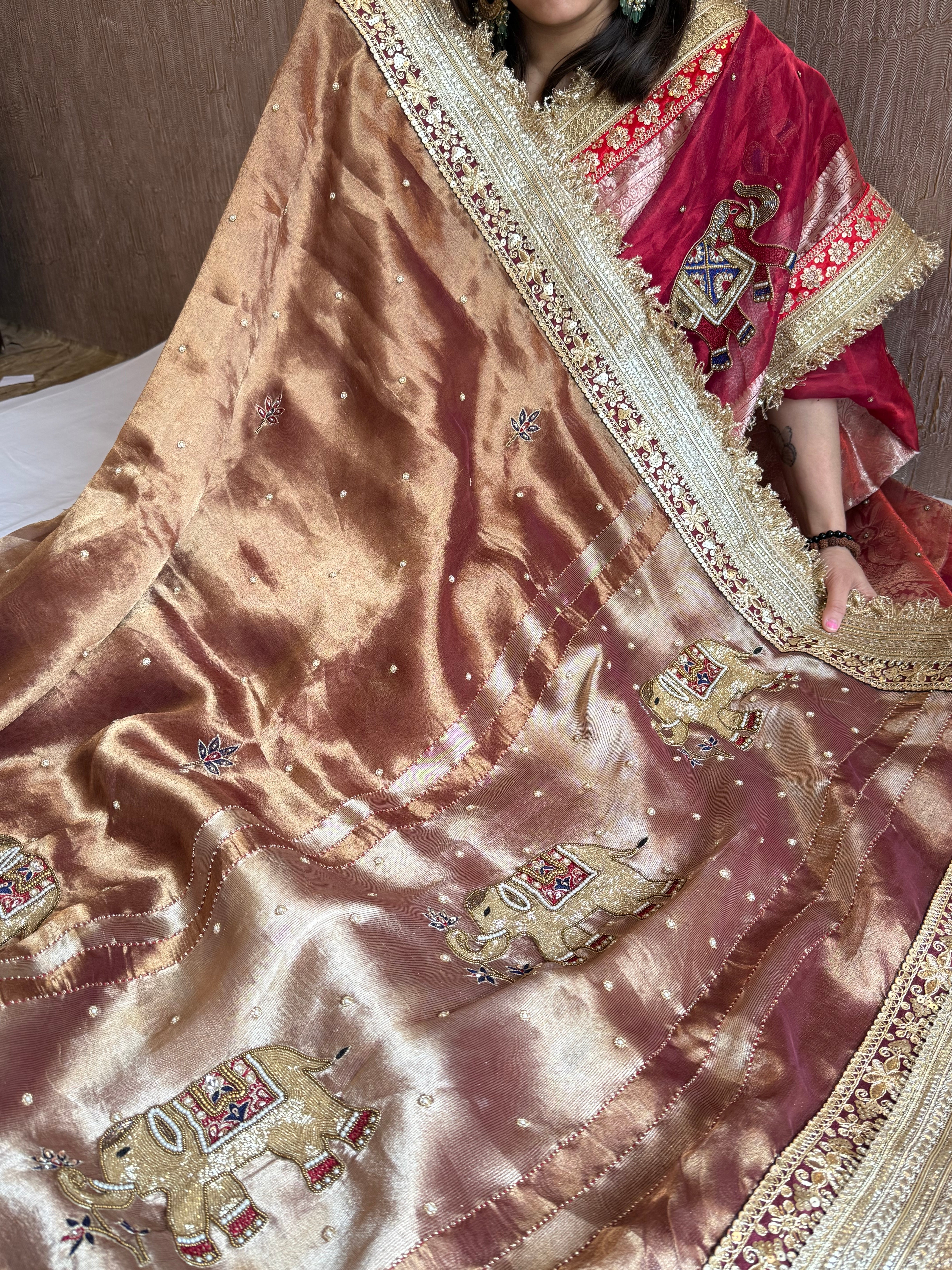 Elephant motif brown tissue silk hand embroidered husn saree