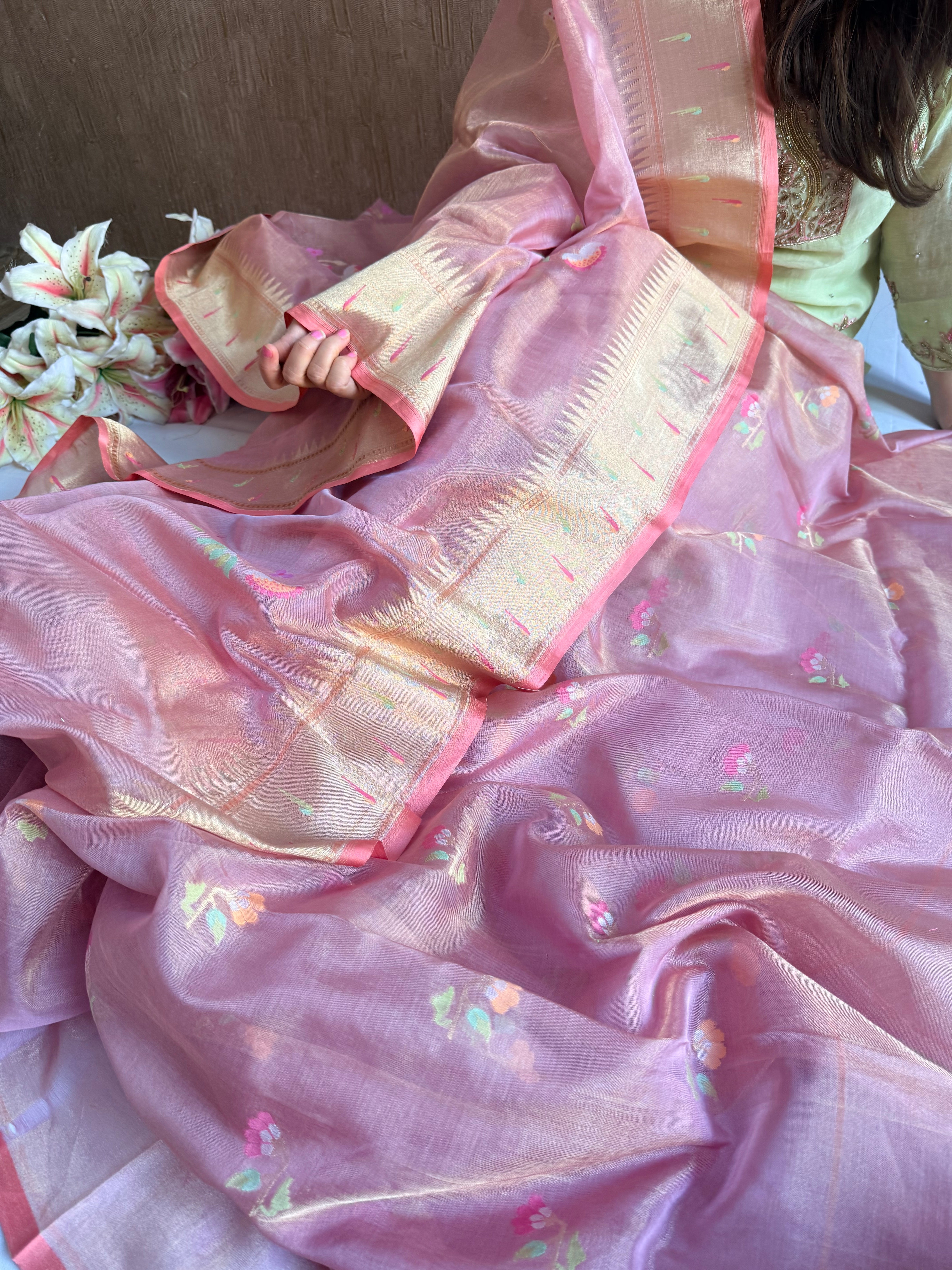 Pinkish peach green mul cotton tissue iktara jamdani paithani border suit set