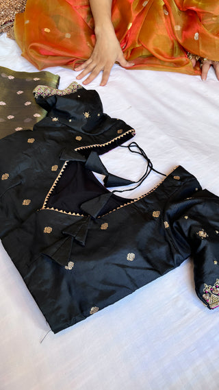 Sitara black katan silk hand embroidered blouse piece               SIZE - 36 to 38