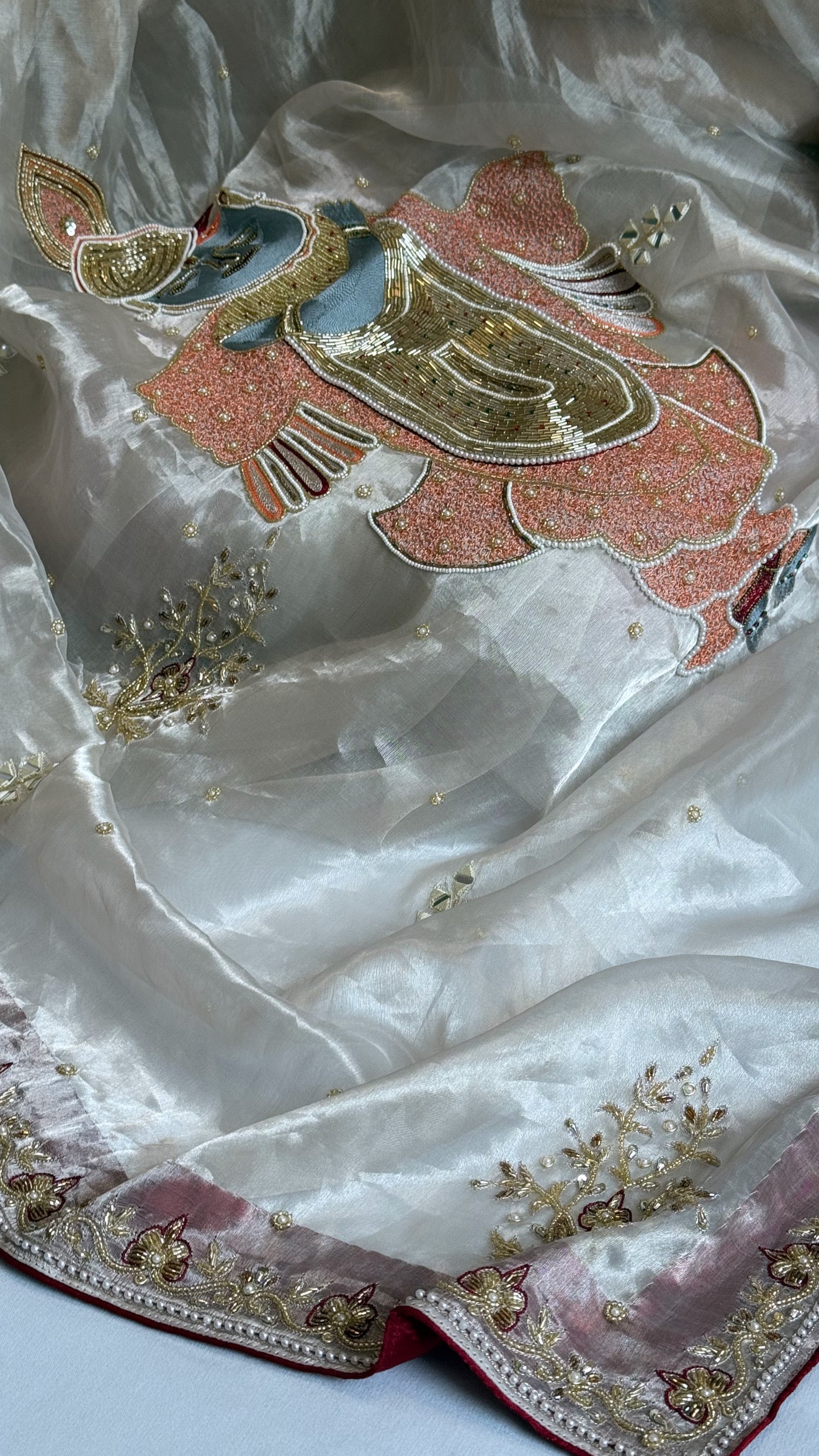 Radhika merchant inspired shreenathji motif diamond tissue silk hand embroidered saree