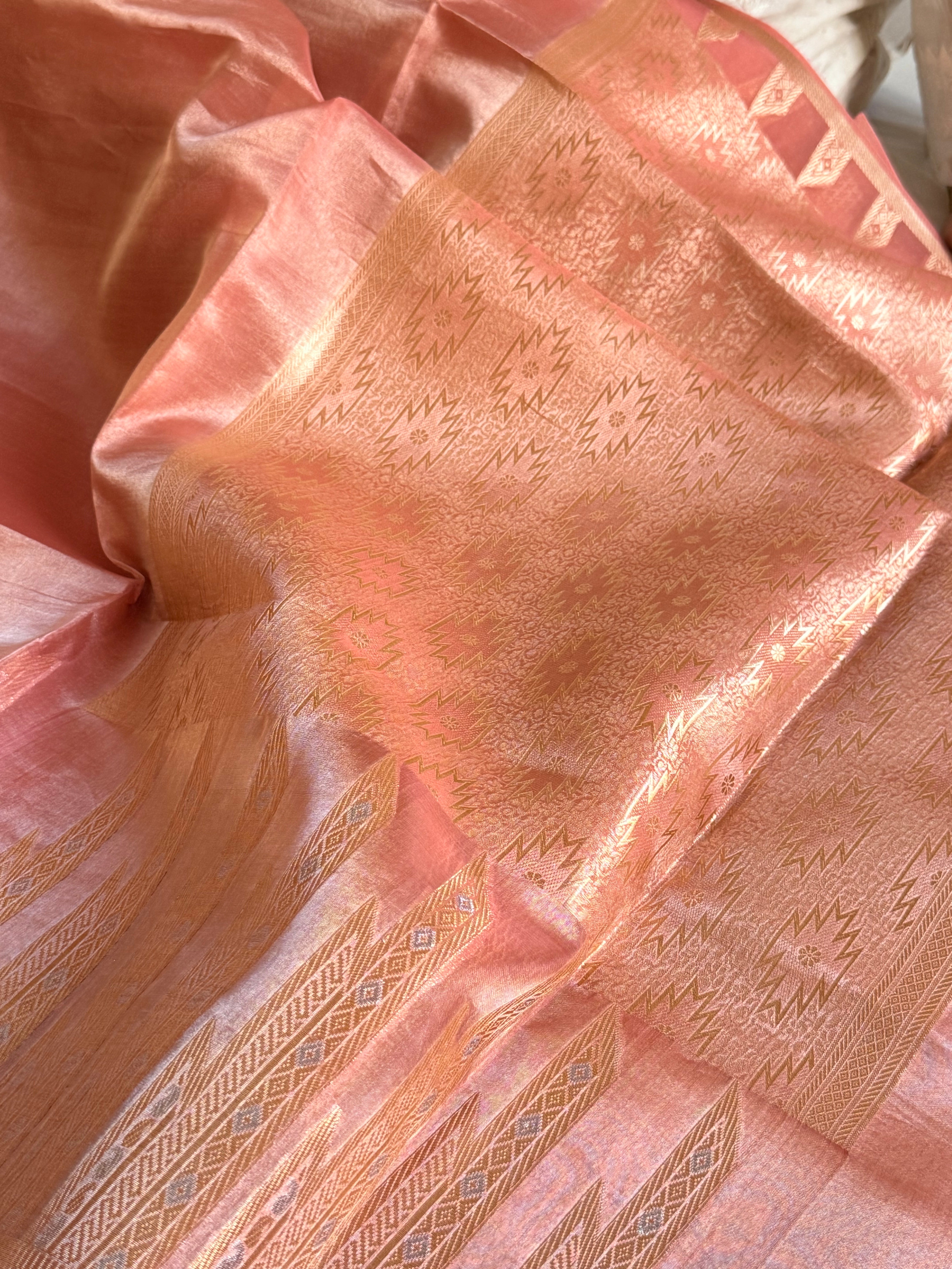 Below 10k - Temple border tissue silk dhup chao effect kadhwa saree