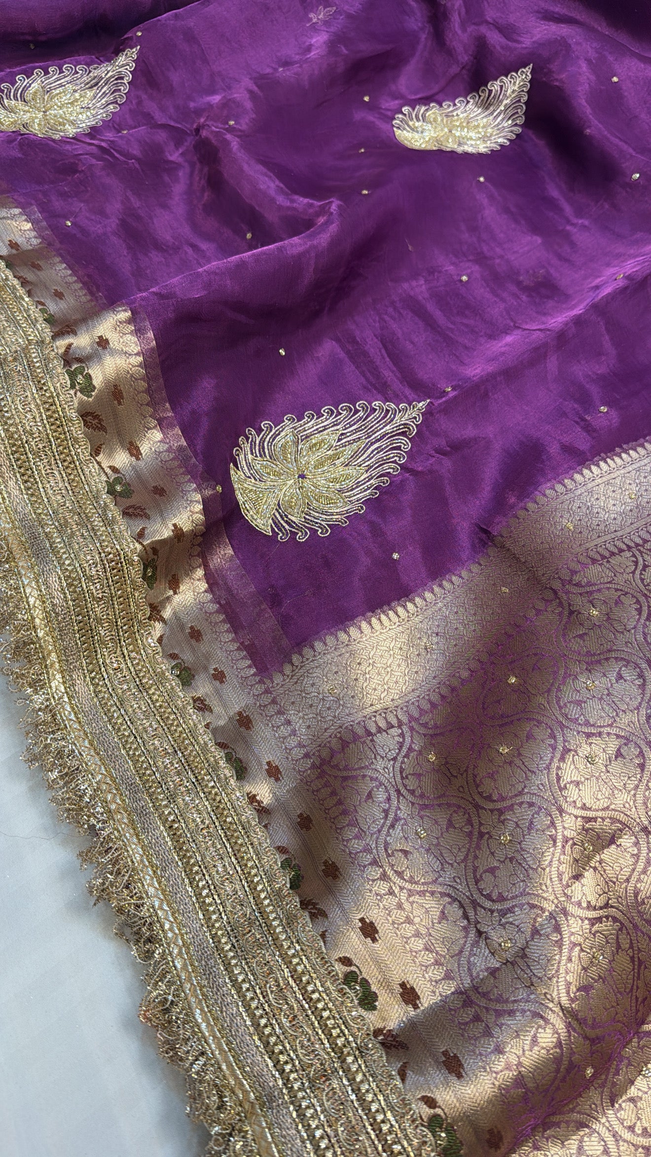 Brinjal purple tissue silk hand embroidered kadhwa saree