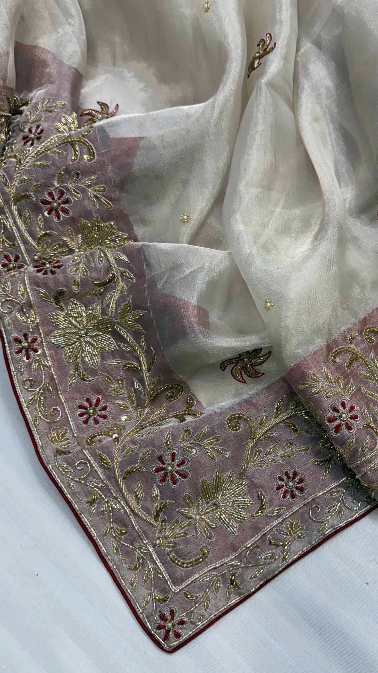 Gulab ki pankhuri husn tissue silk heavy hand embroidered zardozi border saree