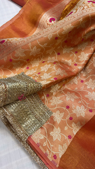 Maharani peachish-orange tissue tanchoi jamevar meenakari saree