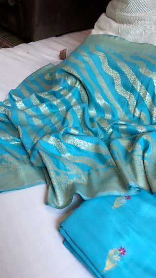 Aasmani blue moonga silk meenedar jaal suit set