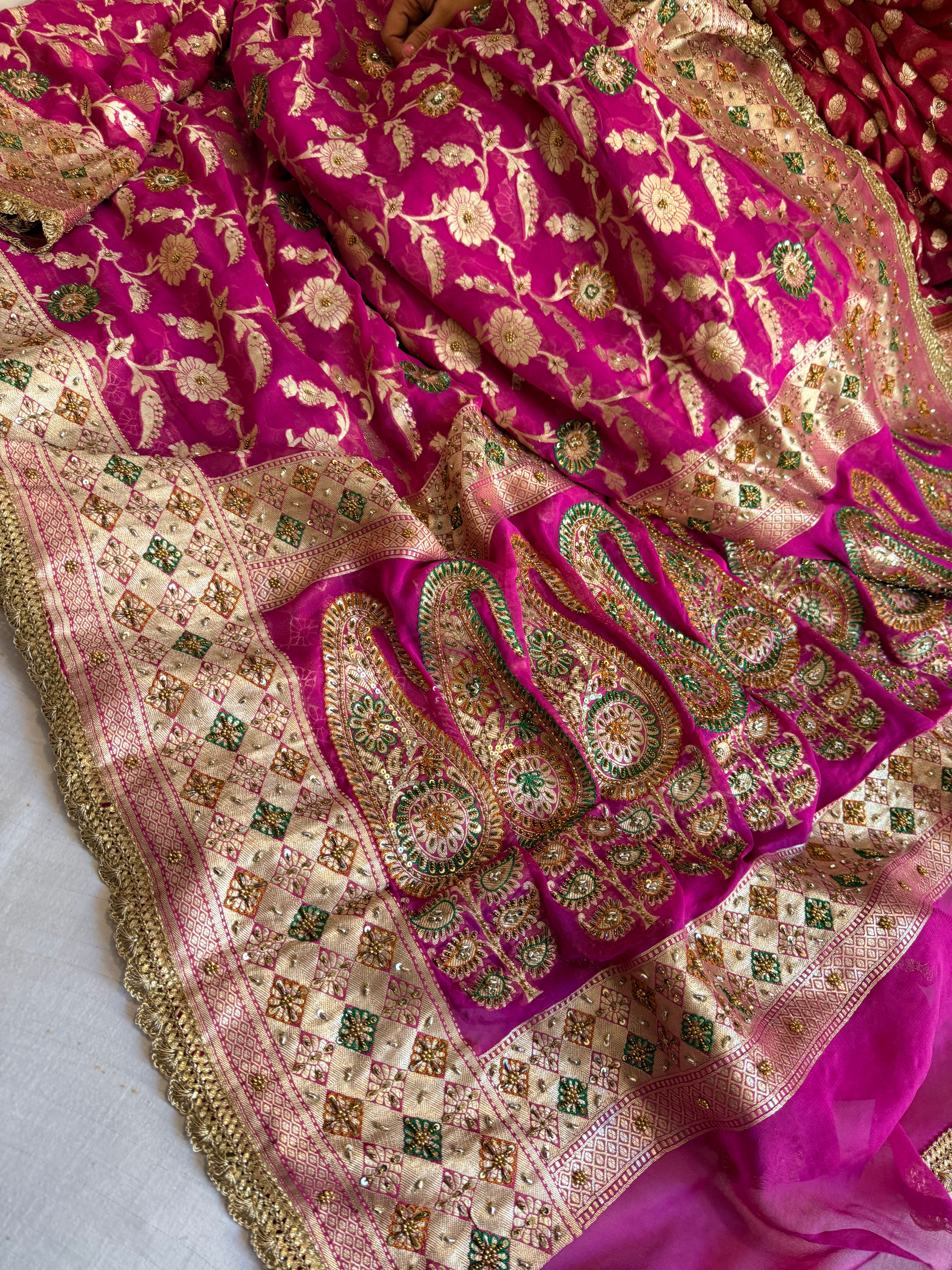 Banarasi chiffon gorgette rani pink hand embroidered kadhwa saree