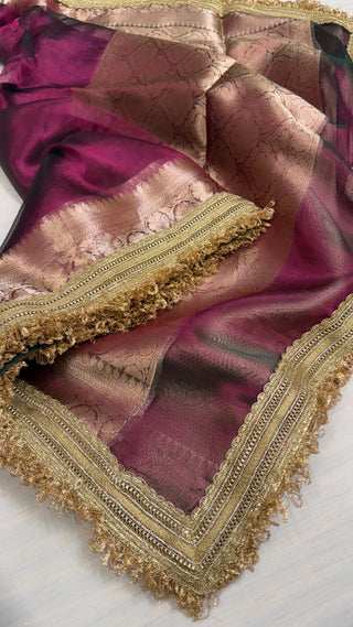 Maharani dusty hot pink tissue silk kadhwa saree