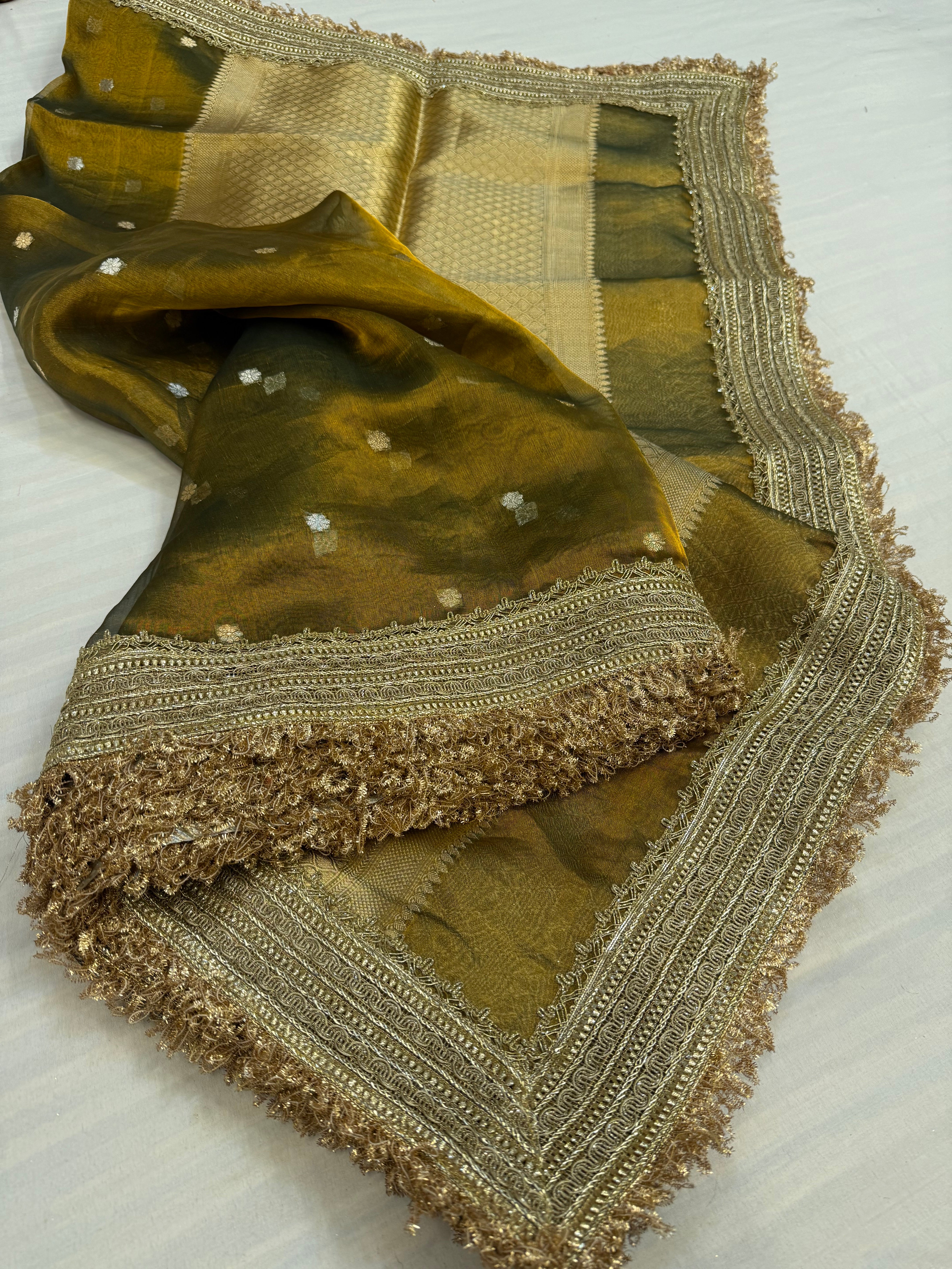 Antique green maharani tissue silk kadhwa buti saree