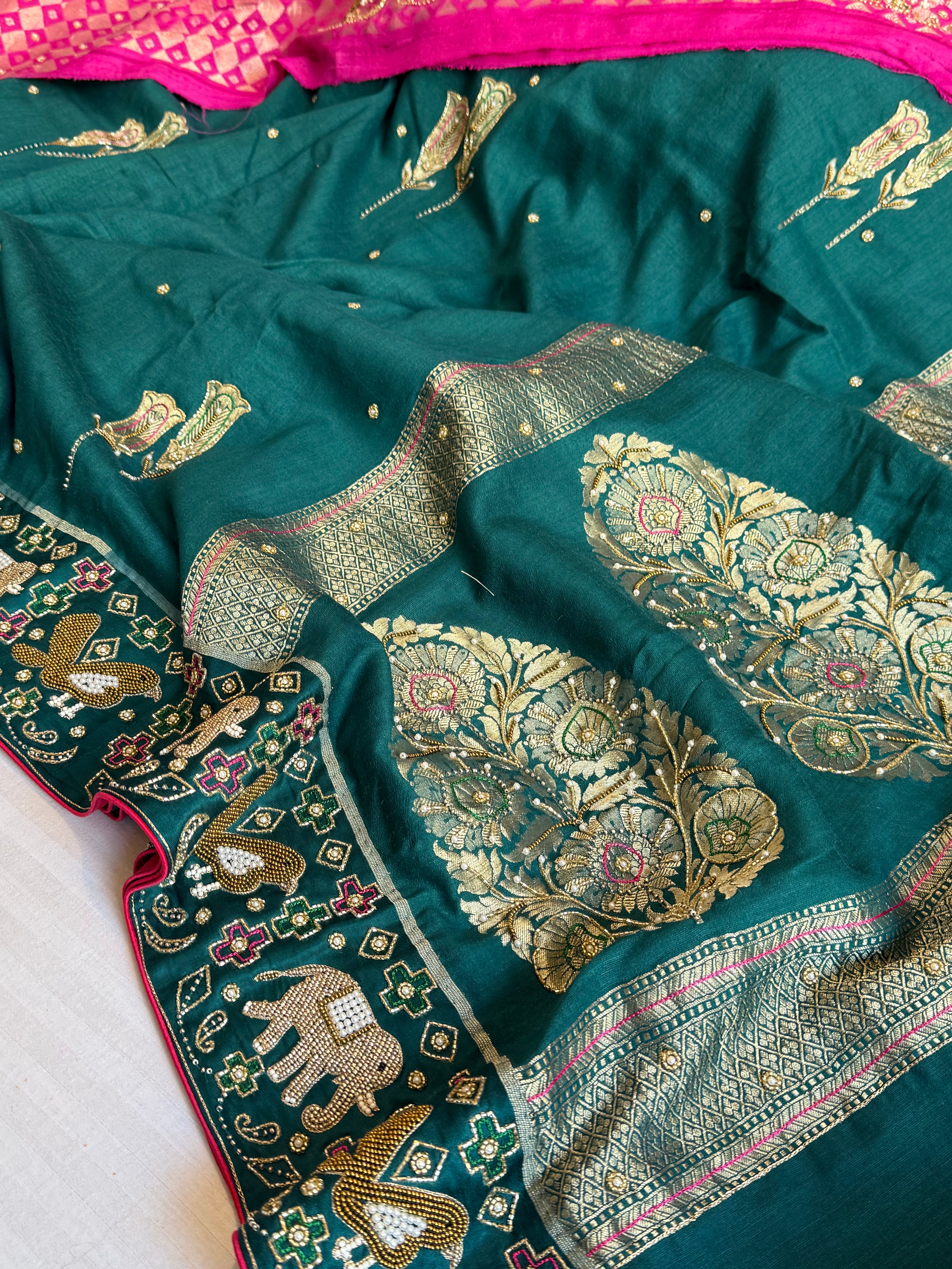 Moonga silk ikkat patola weaving inspired hand embroidered kadhwa saree