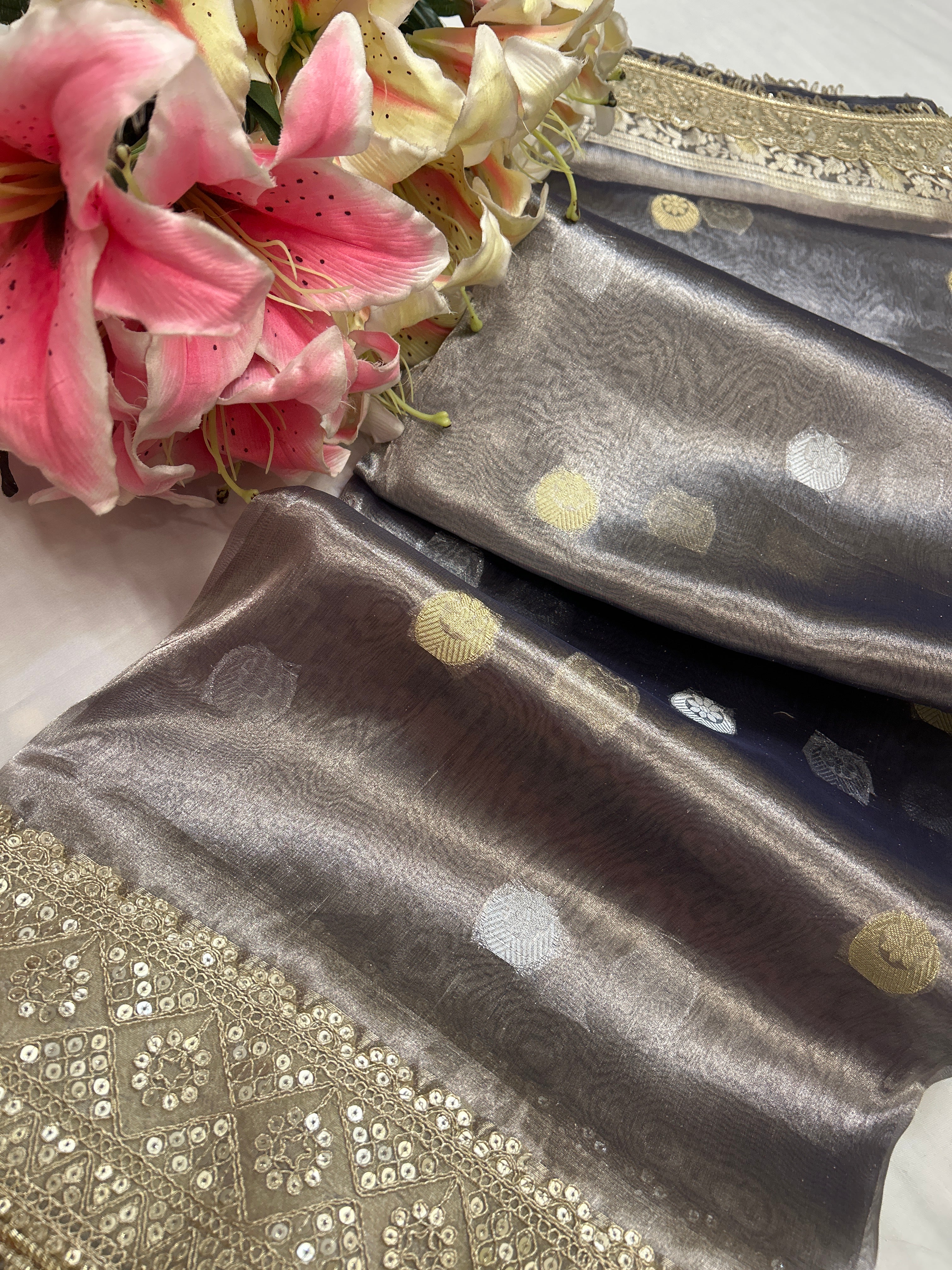 Tissue silk chand buta silverish grey saree