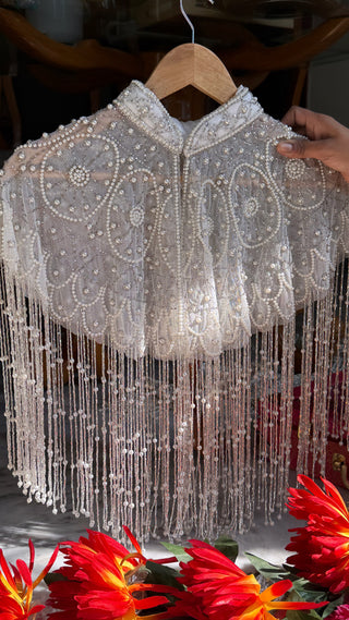 Pearl hand-embroidered silver capes