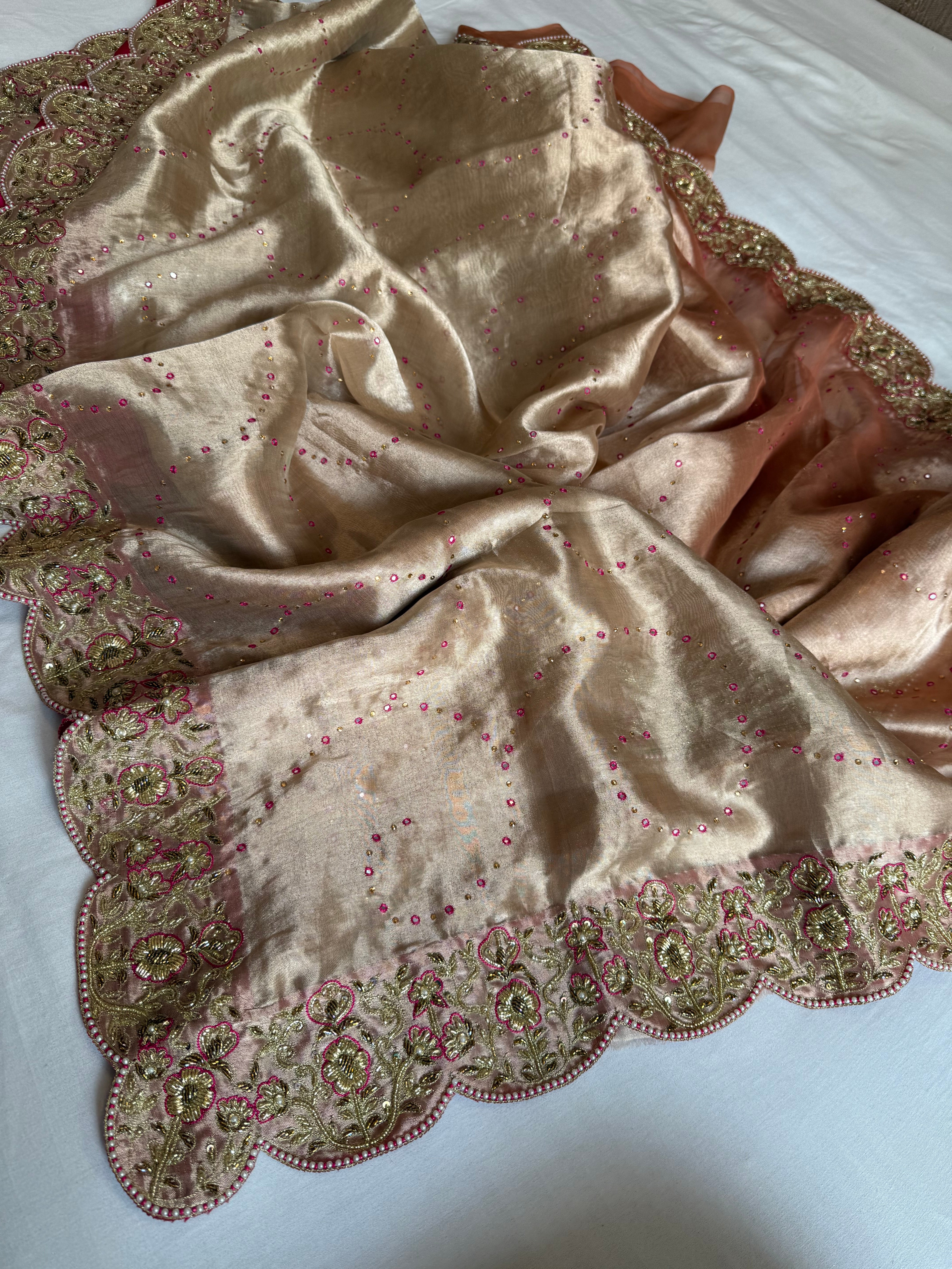 Umrao jaan inspired double diamond tissue silk zardozi hand embroidered saree