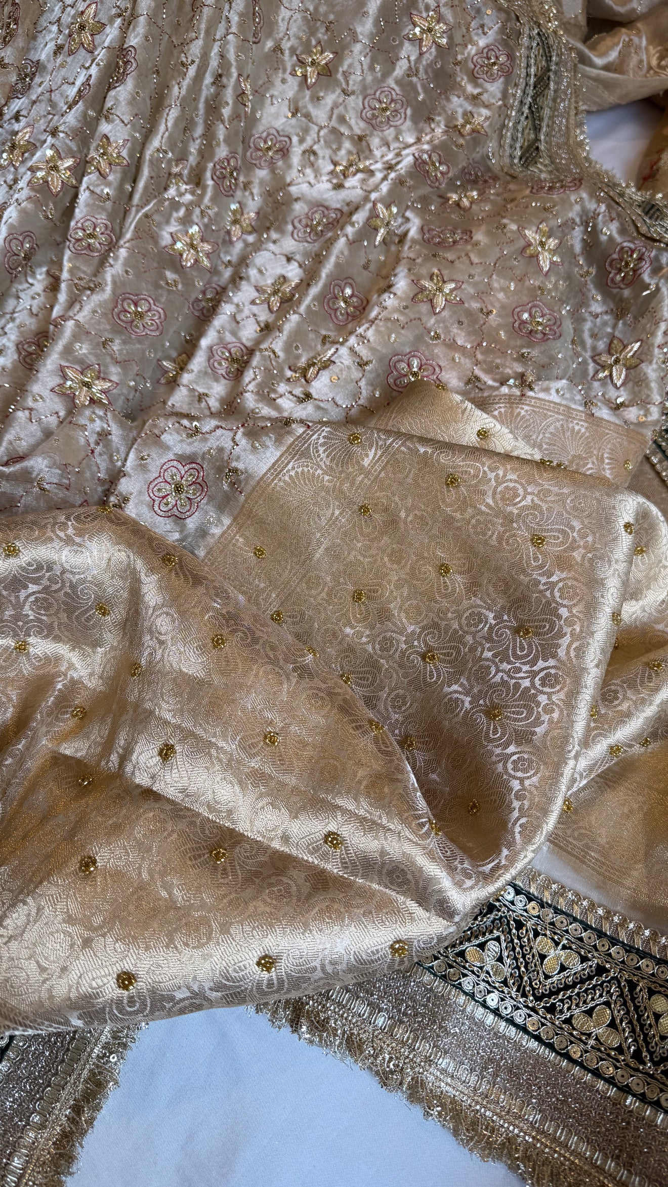 Kutchi inspired tissue silk hand embroidered heavy meenakari gharchola design saree