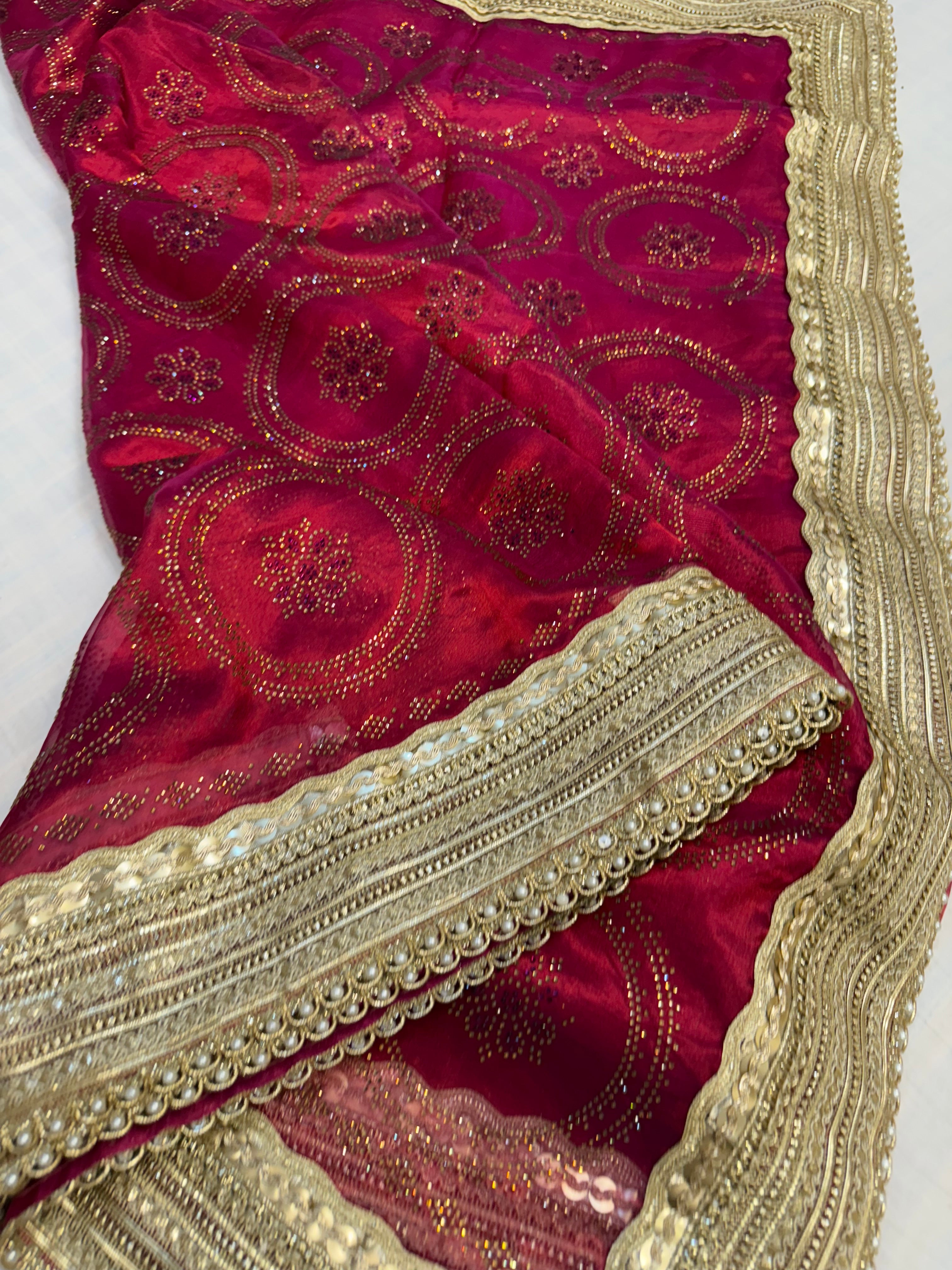 Sitara stonework cranberry red tissue silk gotapatti saree