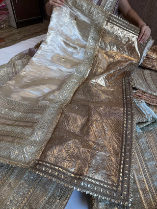 Lehenga style saree edit - Champagne gold diamond tissue silk tilli work gotapatti skirt border saree