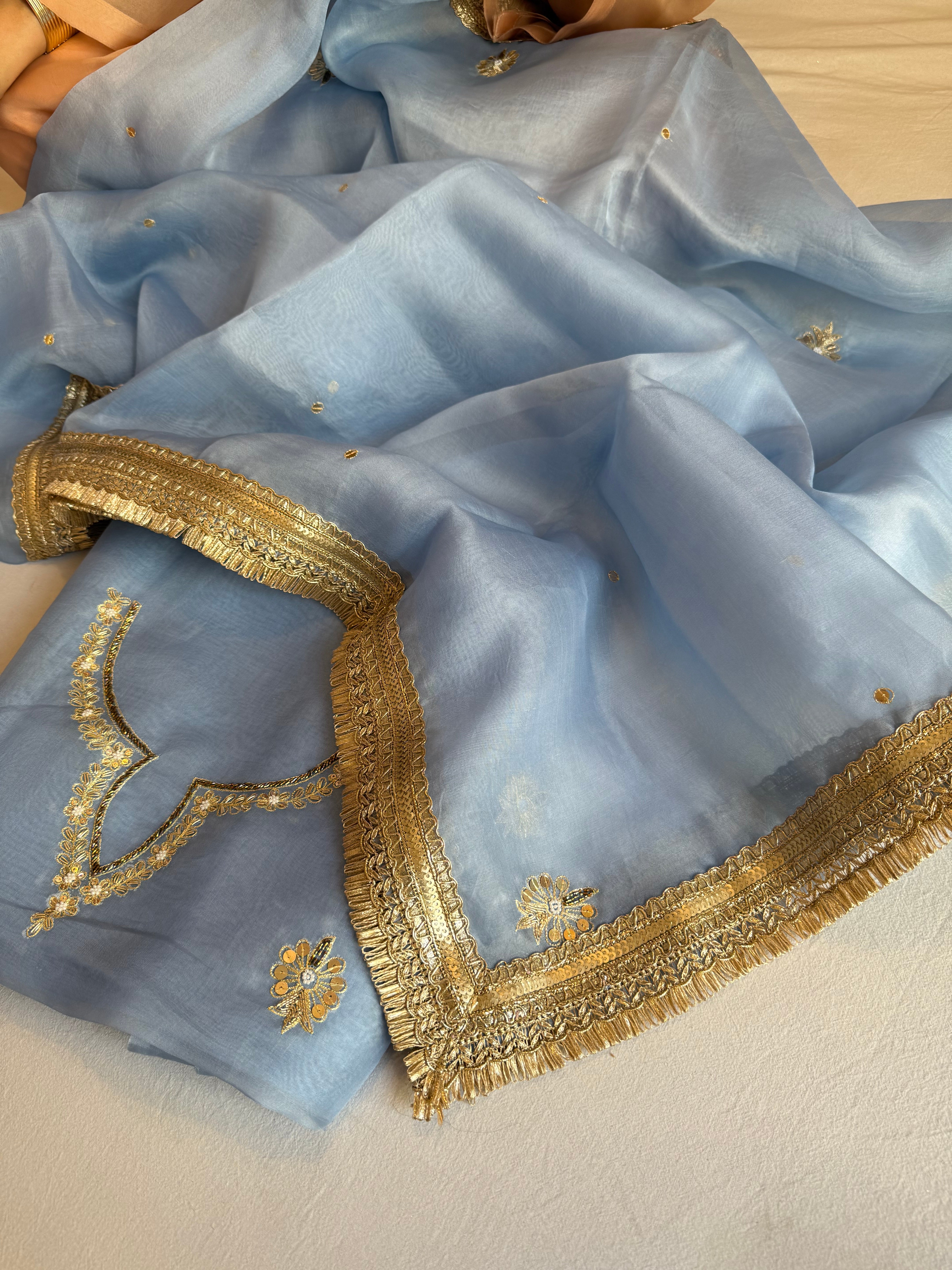Aari and tilli hand embroidered kora silk water blue kadhwa suit set