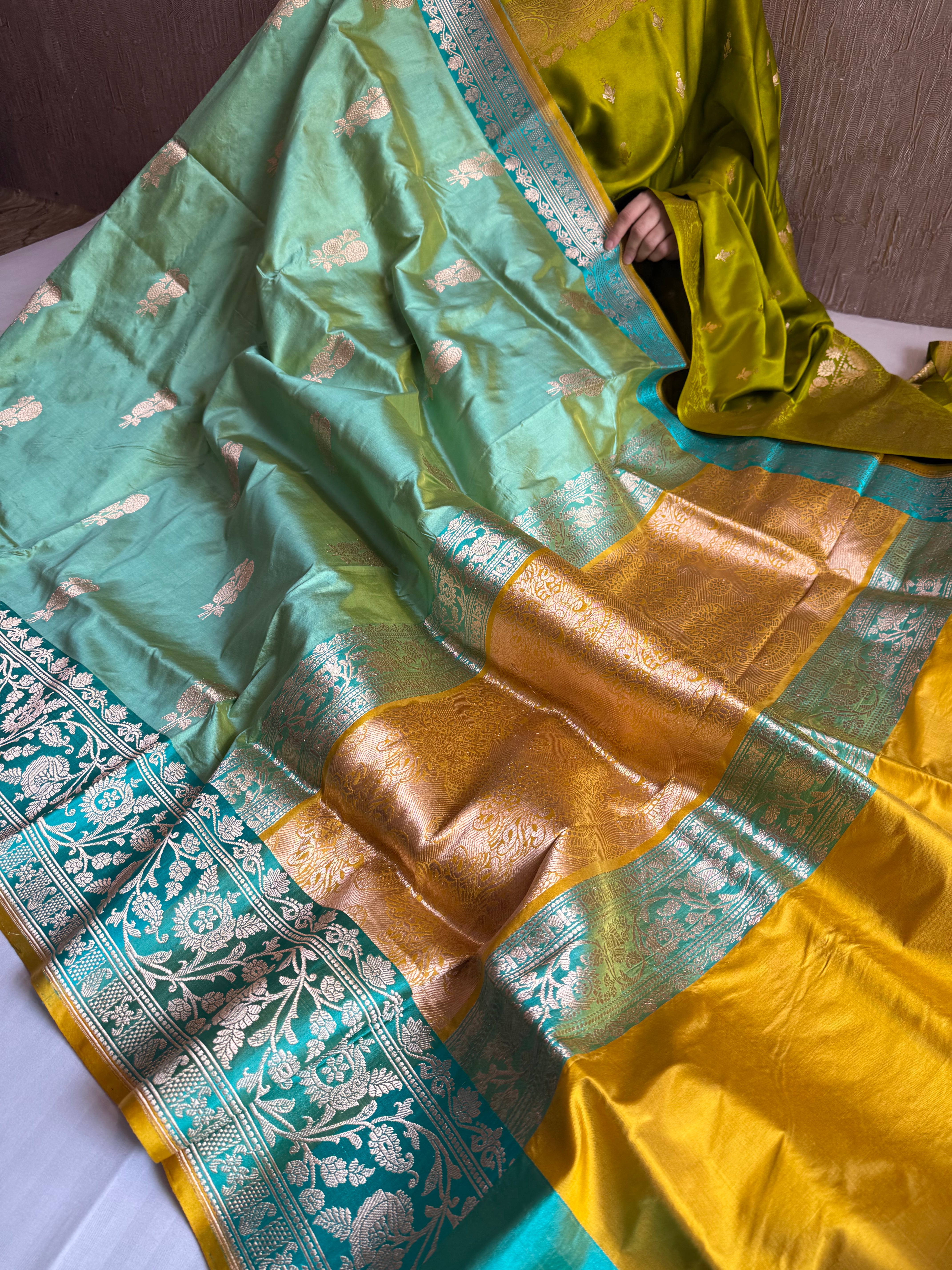Firozi blue-olive gold contrast combination katan silk kadhwa saree