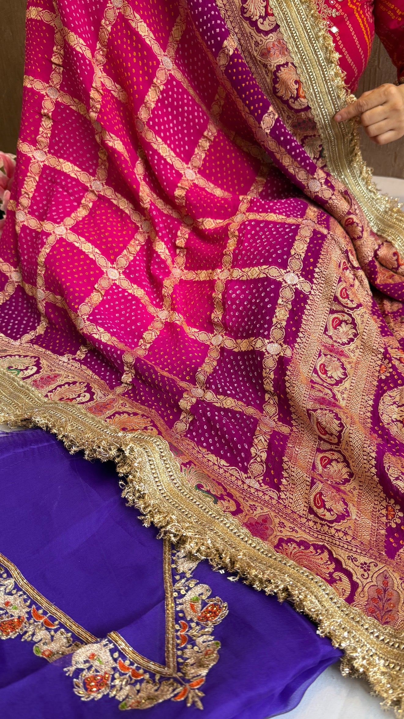 Rai bandhej gorgette kadhwa hand embroidered suit set